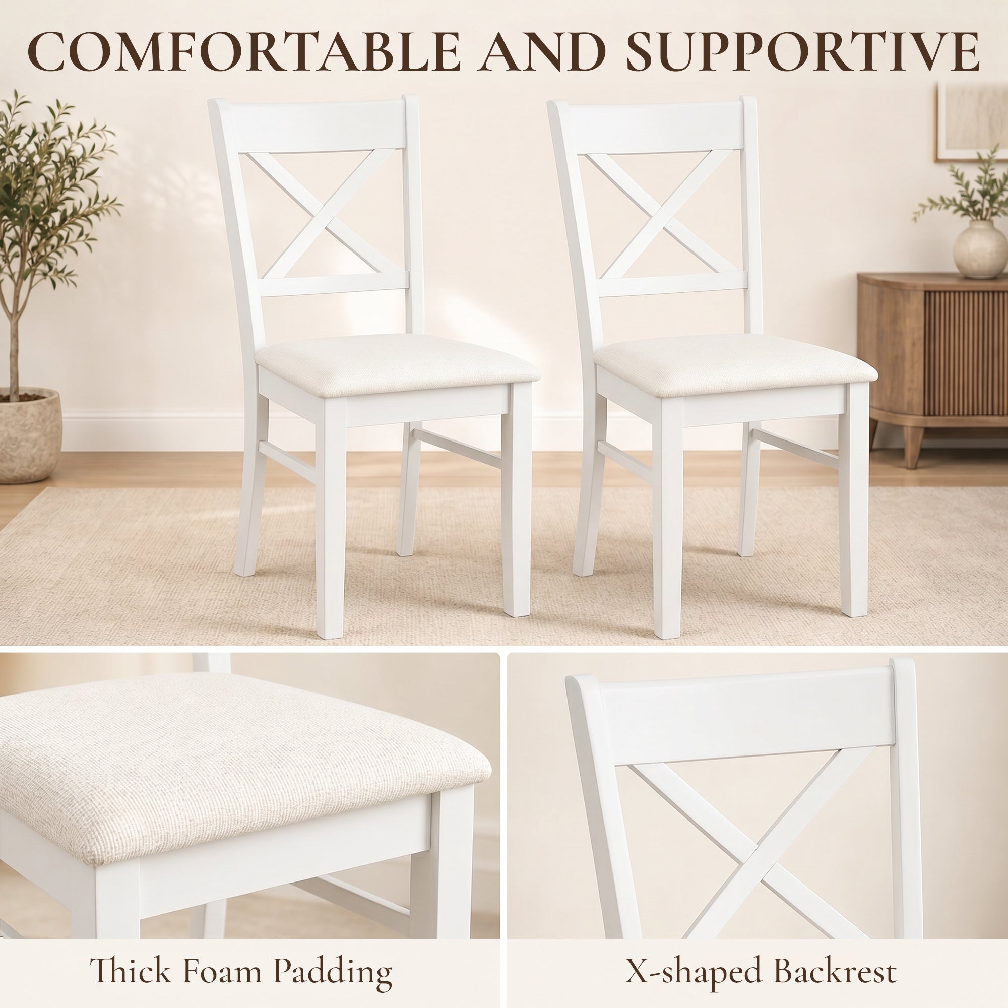 Dining Chairs Set of 2, Upholstered Kitchen Chairs with Rubberwood Frame, Padded Seat and X-Back, White