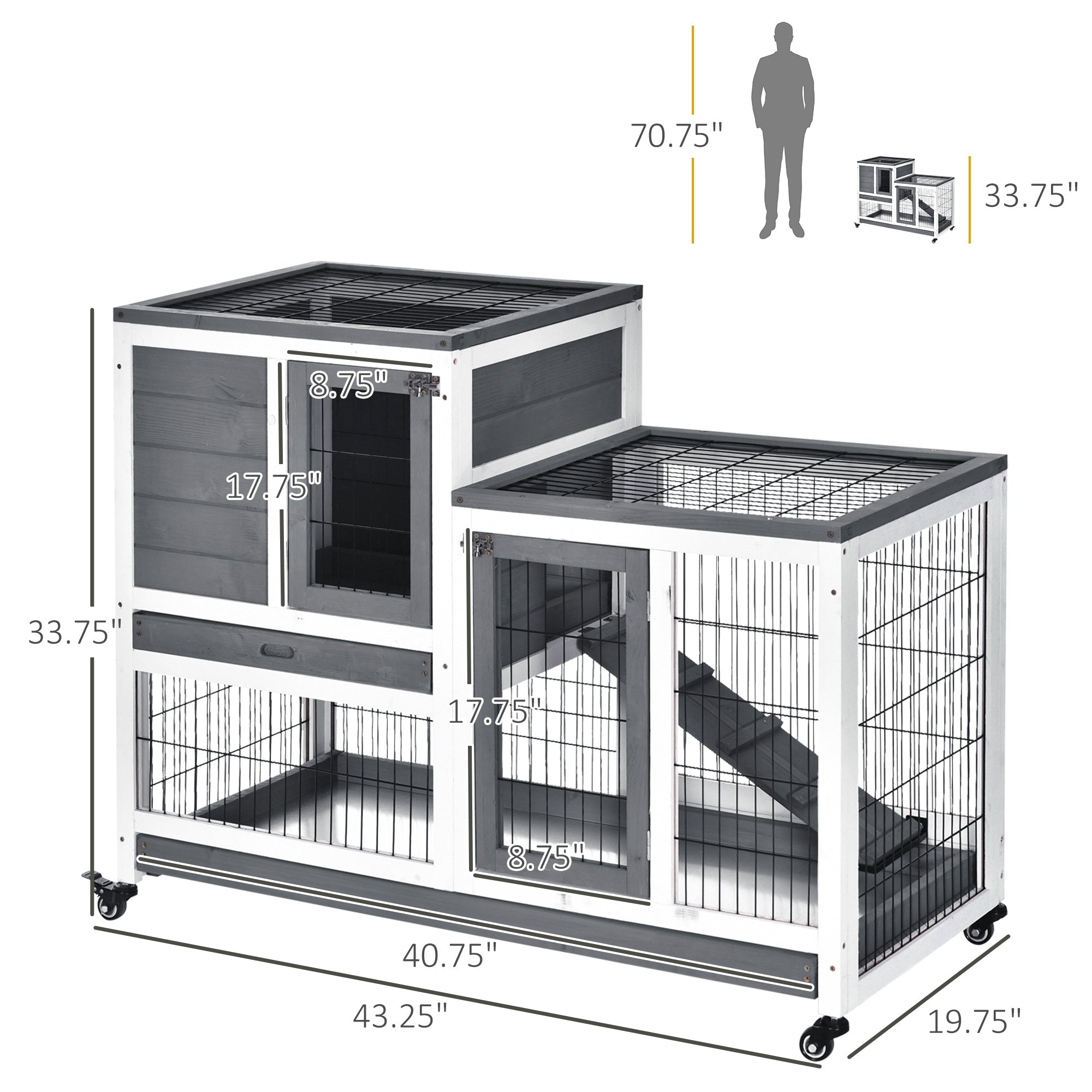 Wooden Rabbit Hutch Elevated Bunny Cage Indoor Small Animal Habitat with Enclosed Run with Wheels, Ramp, Removable Tray for Rabbits, Chickens, Ducks, Guinea Pigs, Gray