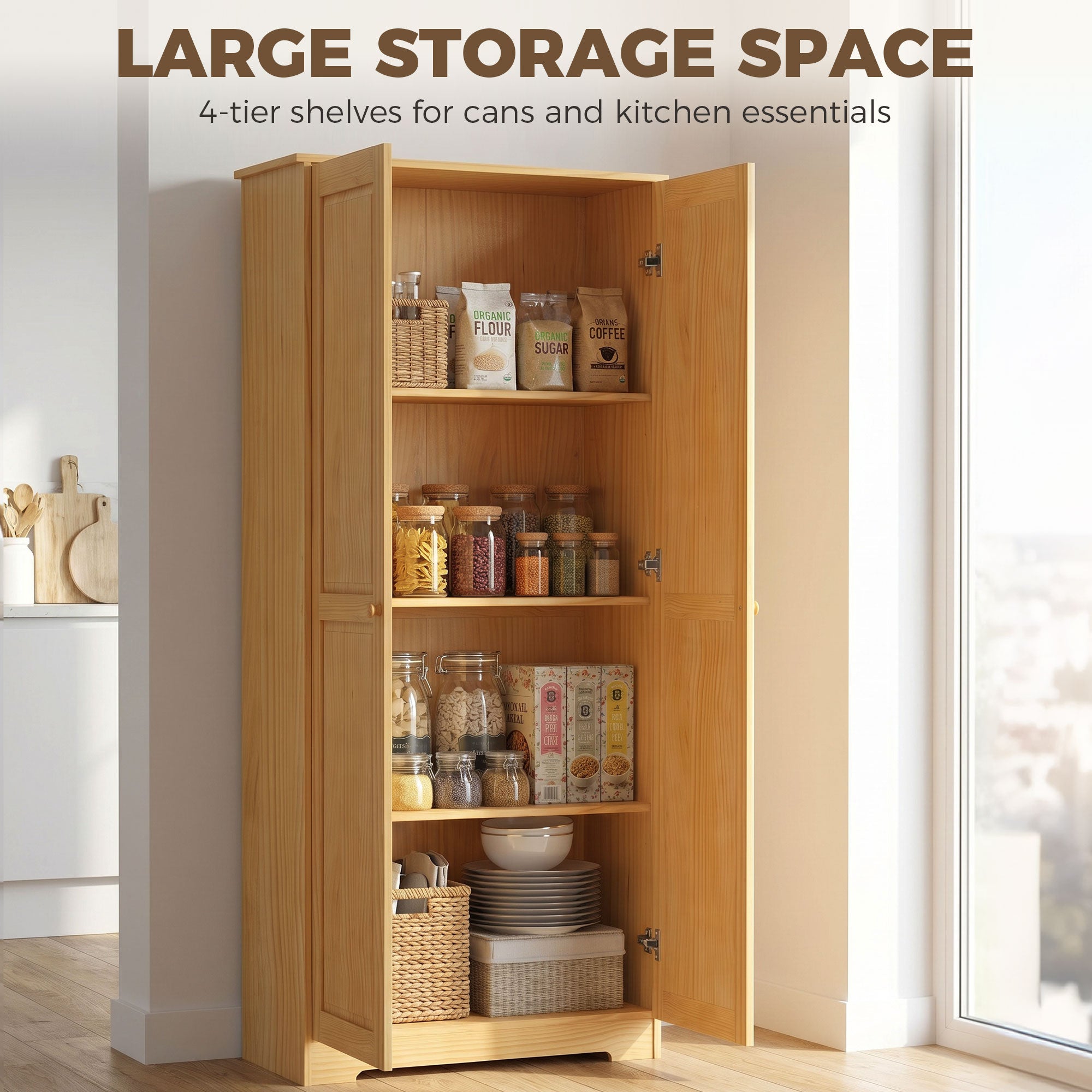 67" Pinewood Kitchen Pantry Storage Cabinet, Freestanding Cabinets with Doors and Shelves, Dining Room