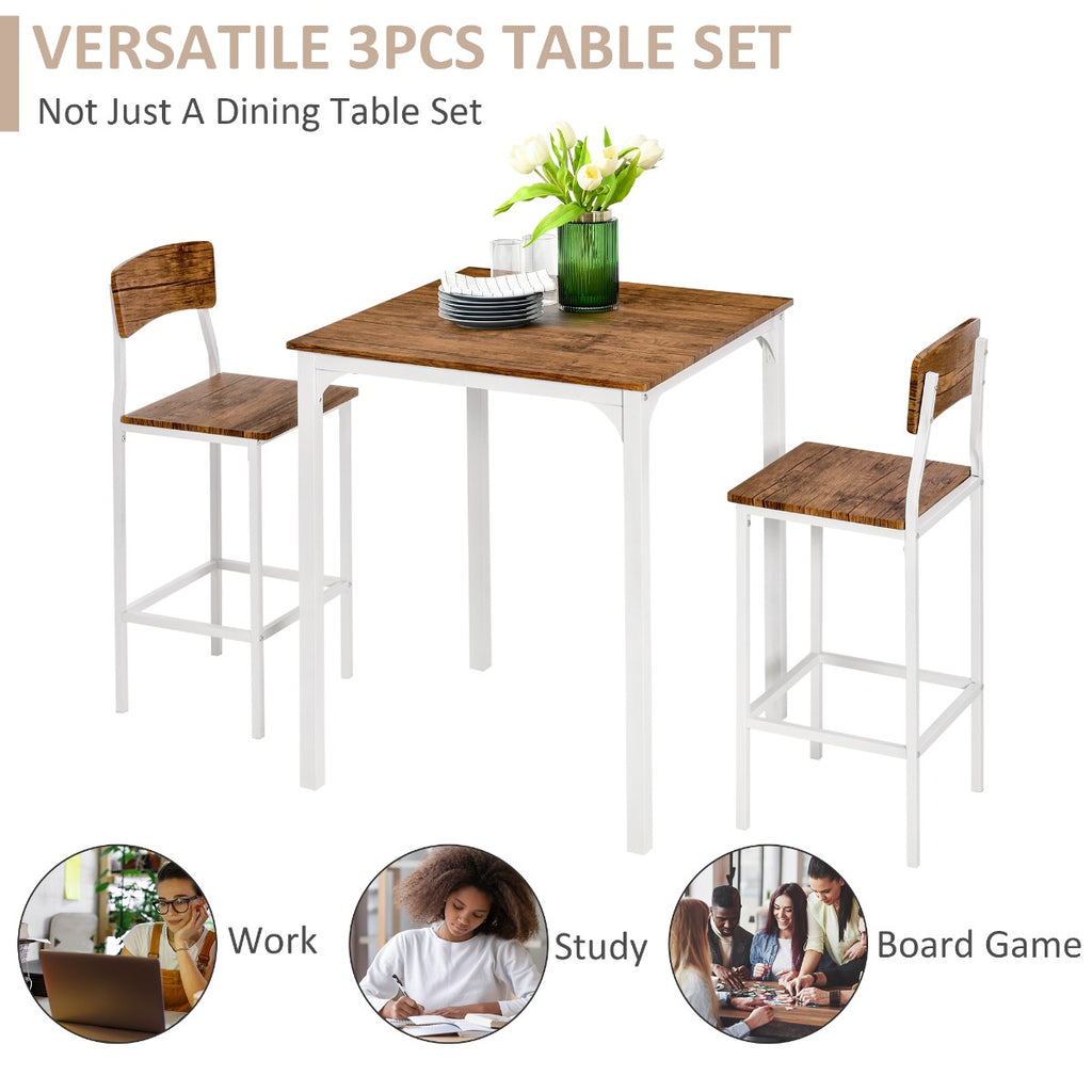 3 Piece Industrial Counter Height Dining Table Set, Bar Table & Chairs with Steel Legs & Footrests, White