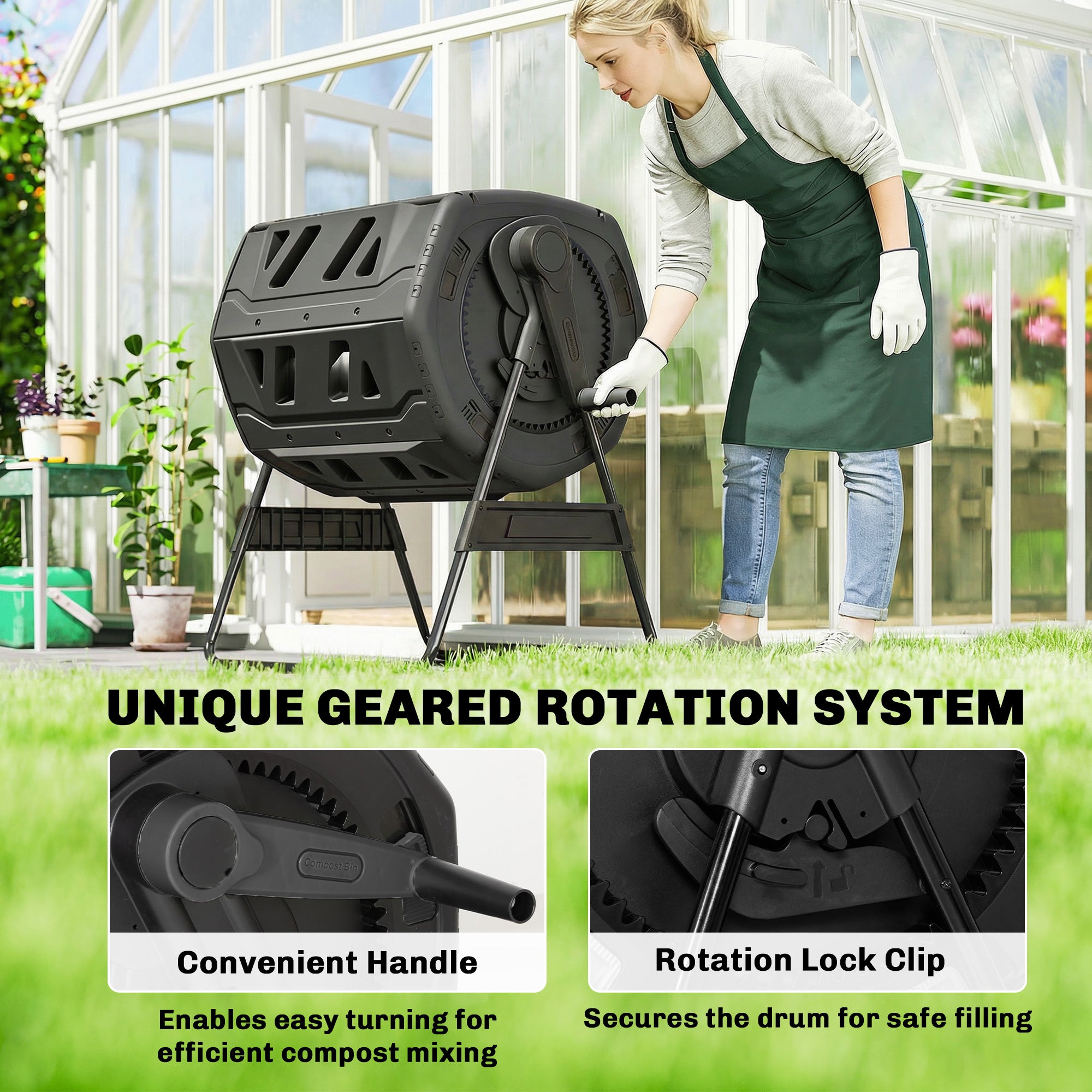 Compost Bin Outdoor, 53 Gal Dual Chamber Tumbling Composter with Adjustable Vents, BPA Free Tumbling Composter, Black