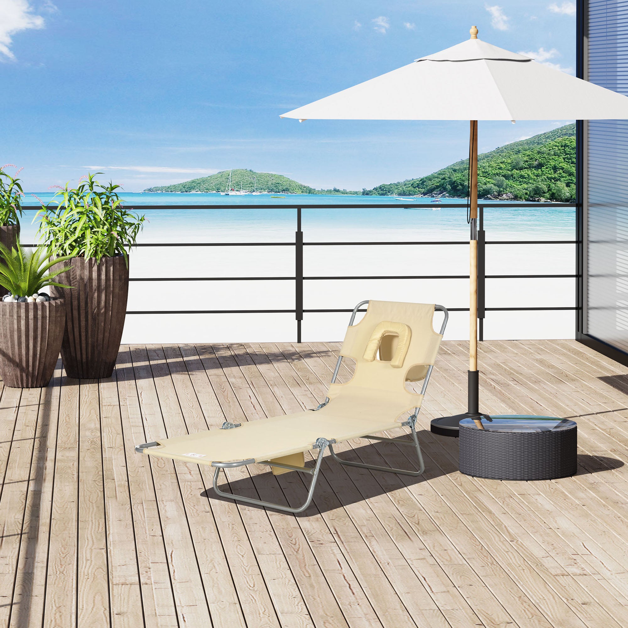 Tanning Chair with Face Hole, 5-Level Adjustable Outdoor Chaise Lounge Chair with Pillow for Beach, Pool, Beige