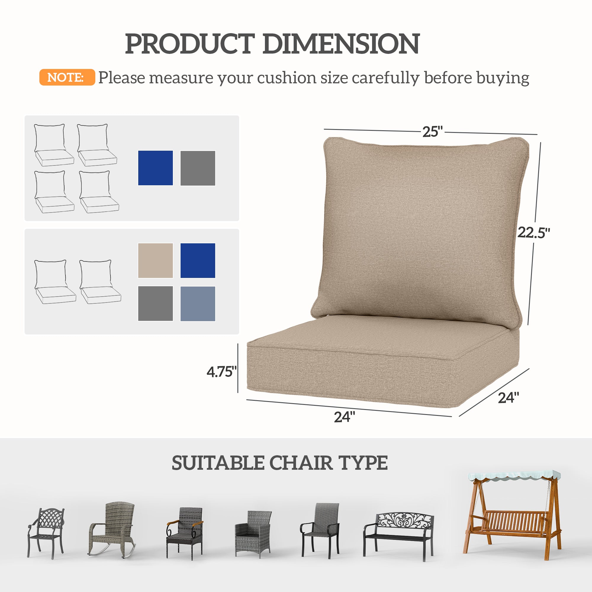Patio Chair Cushions Set of 2 with Seat & Backrest, Fade Resistant Seat Replacement Cushion Set, Beige