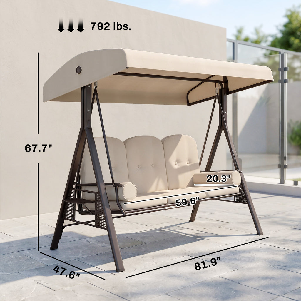 3-Seat Patio Swing Chair, Outdoor Porch Swing Glider with Adjustable Canopy, Removable Cushion, Pillows and Side Trays, for Garden, Poolside, Backyard, Beige