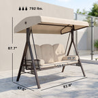 3-Seat Patio Swing Chair, Outdoor Porch Swing Glider with Adjustable Canopy, Removable Cushion, Pillows and Side Trays, for Garden, Poolside, Backyard, Beige