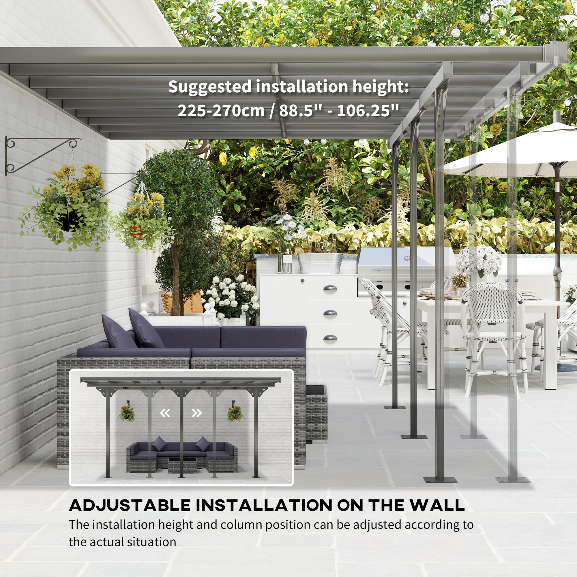 14.5' x 10' Aluminum Polycarbonate Pergola with UV Blocking for Outdoor Wall-Mounted Use, Family Shade, Gray