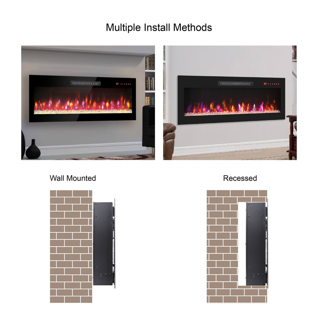 50" Ultra Thin Recessed Design Wall Mounted Electric Fireplace with Remote, Multi-Color Flame, Ember Bed, and LED Heater, Antique Black