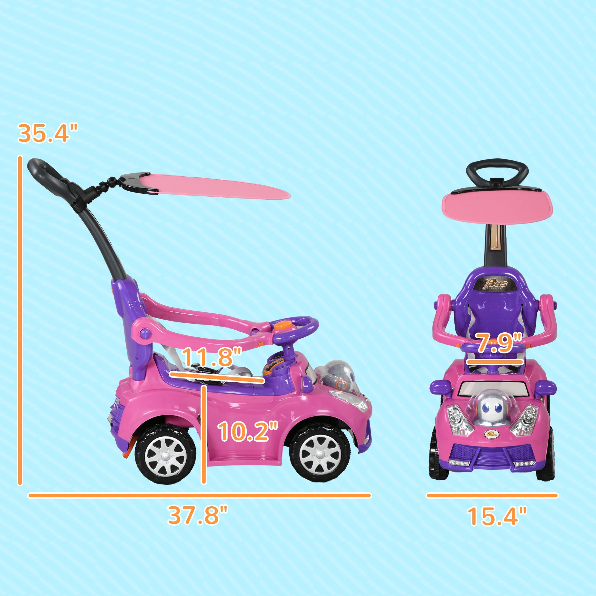 3 in 1 Push Car Sliding Car with Removable Handle, Music, Horn, Canopy, Safety Guardrail, Pink
