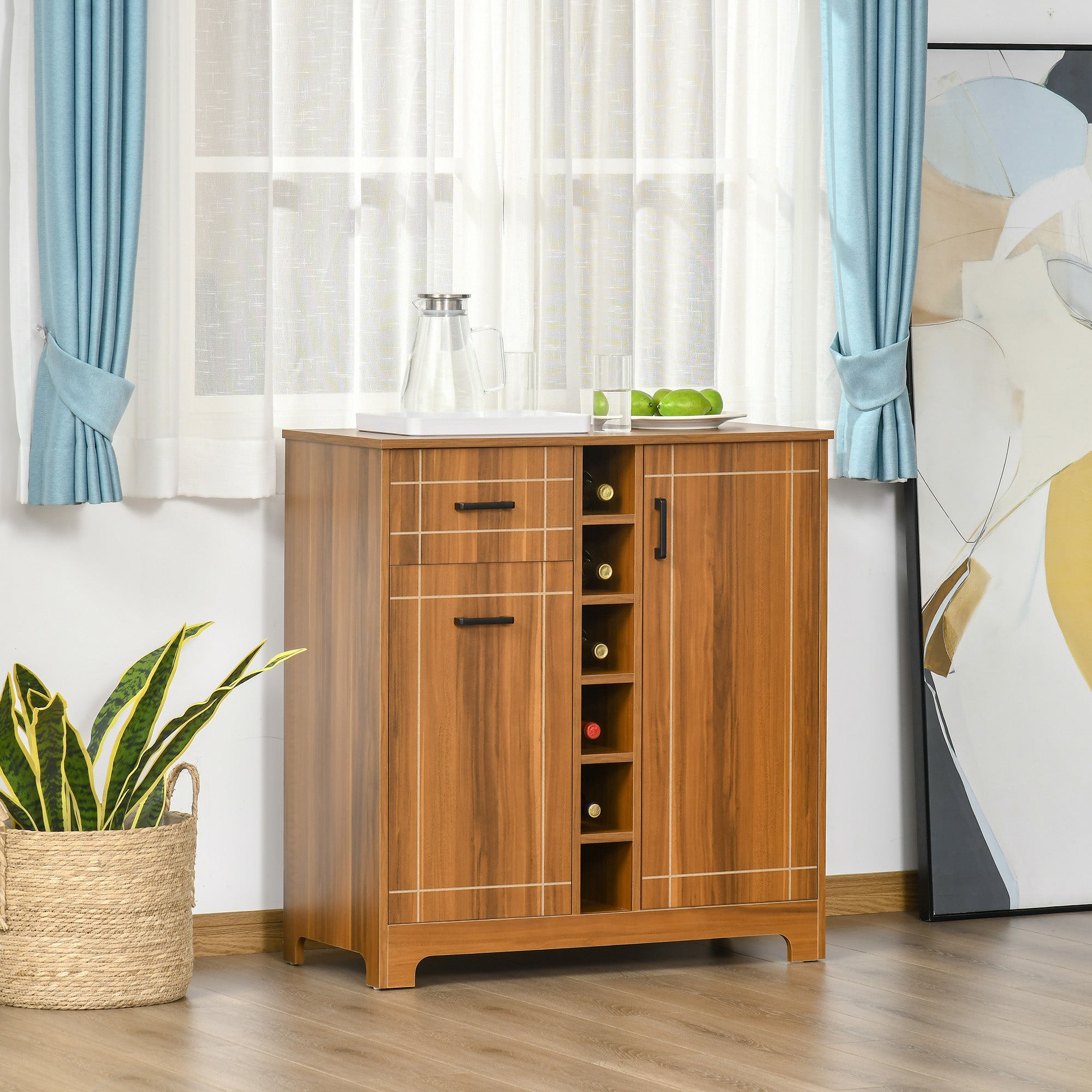 Retro Wine Cabinet for 6 Bottles, Wine Rack Sideboard Serving Bar with Glass Holders and 1 Drawer, Brown