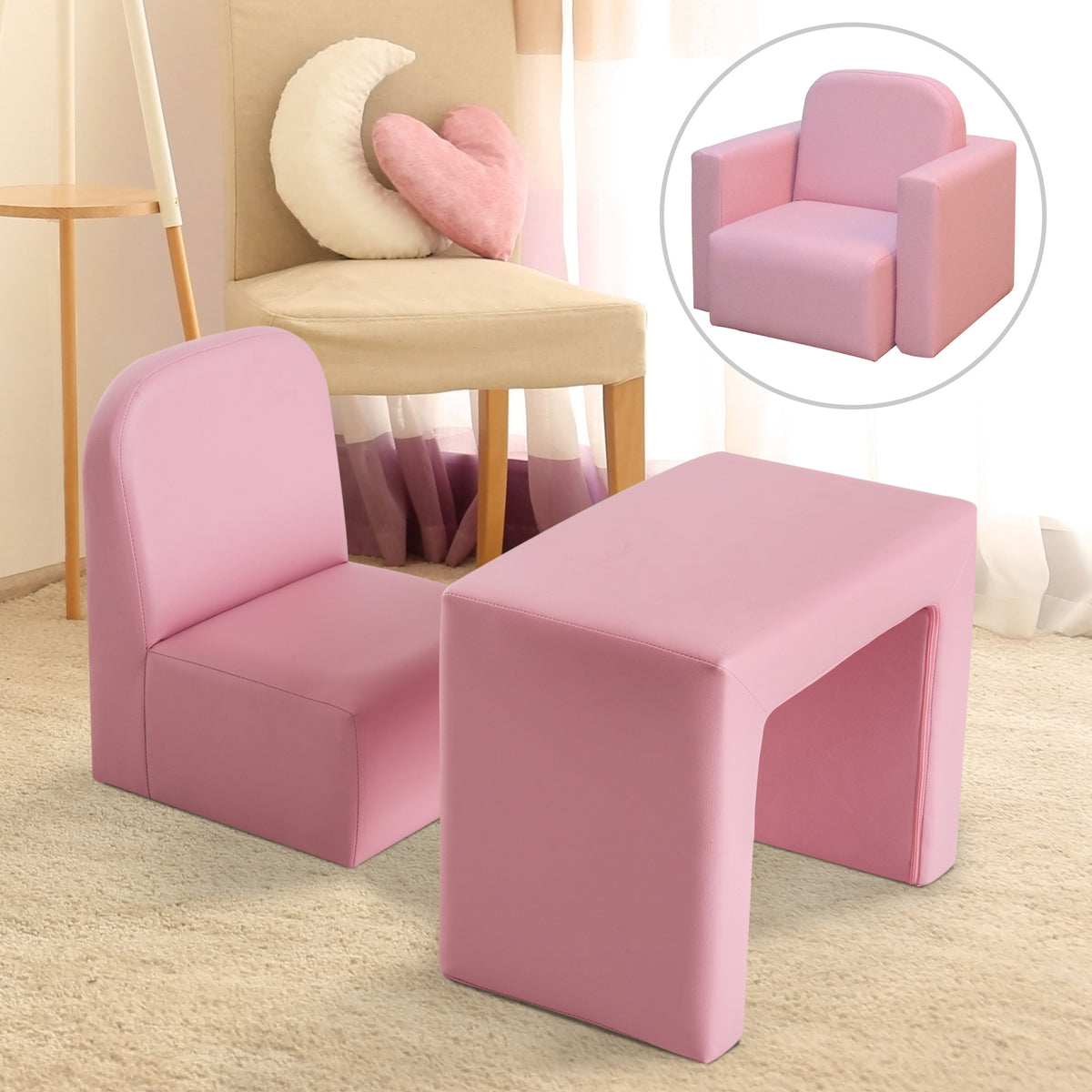 2-in-1 Convertible Table and Chair Set for Boys Girls for Boys Girls, Pink