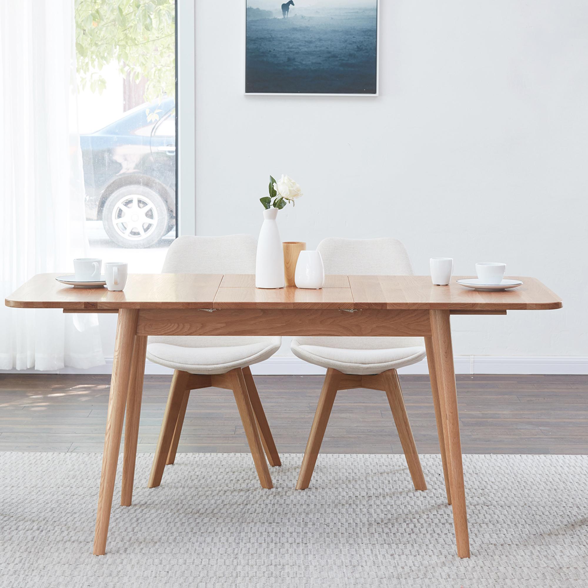 Extendable Dining Table with Telescopic Farmhouse Design, Sturdy Center Table with Rounded Corners, 63″ L x 31.5″ W x 29.5″ H, Light Oak