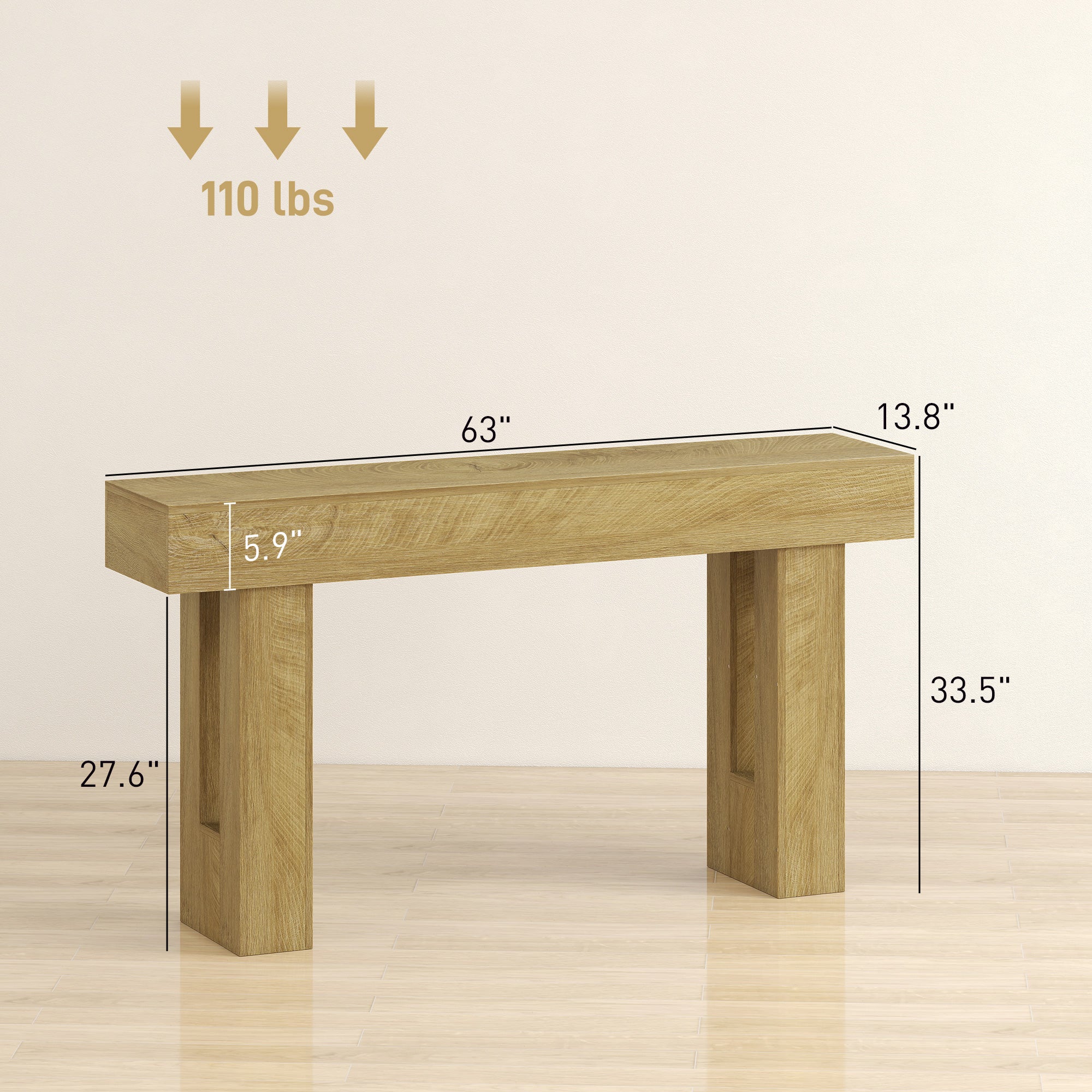 63 Inch Console Table, Sofa Table Behind the Couch with Thickened Tabletop for Living Room, Hallway, Entrance, Oak
