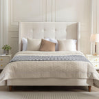 Peyton Upholstered Queen Bed Frame with 54" High Headboard, Hand Buttoned Tufting, Nailhead Trim Wingback, No Box Spring Needed, Easy Assembly, Ivory Velvet, Ivory