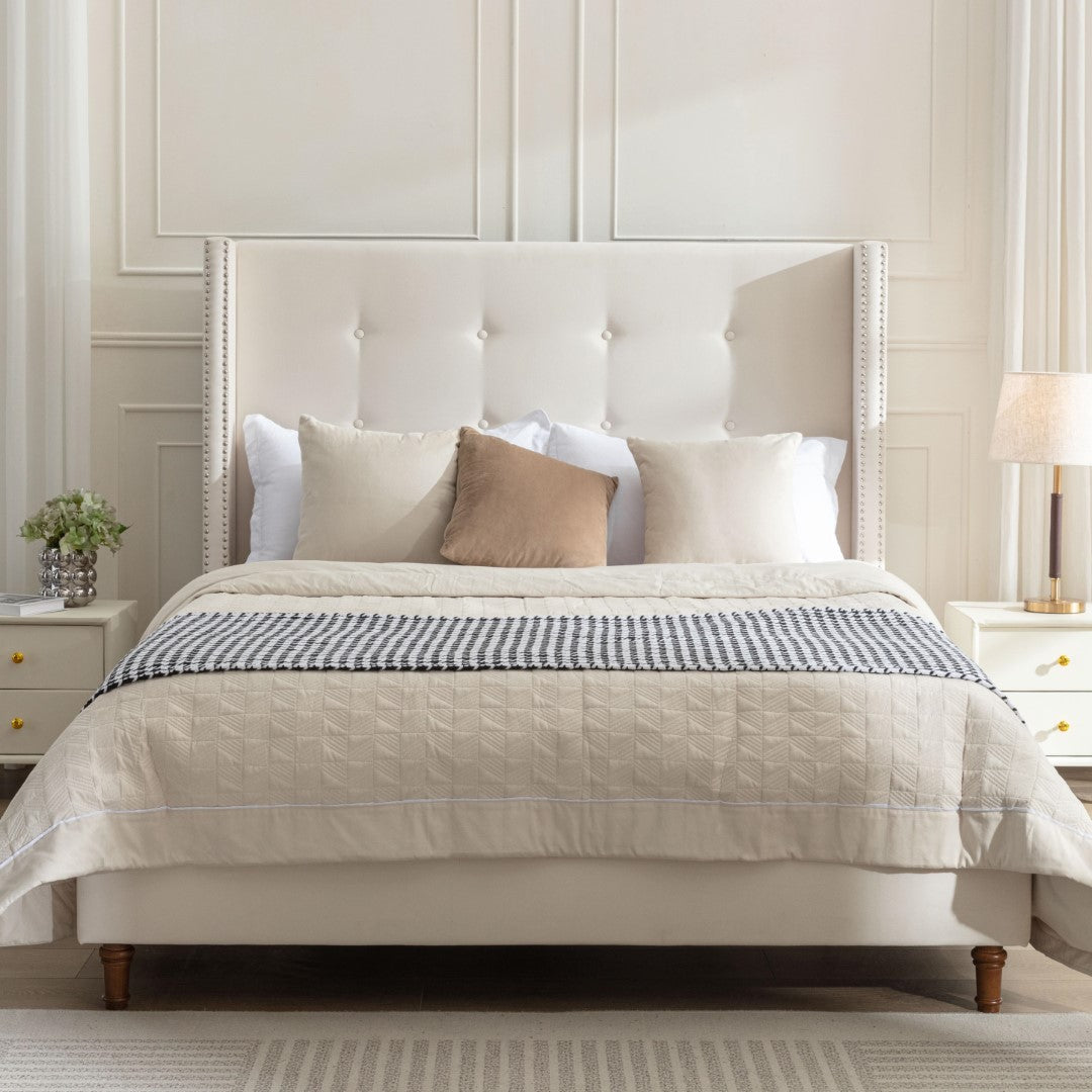 Peyton Upholstered Queen Bed Frame with 54" High Headboard, Hand Buttoned Tufting, Nailhead Trim Wingback, No Box Spring Needed, Easy Assembly, Ivory Velvet, Ivory