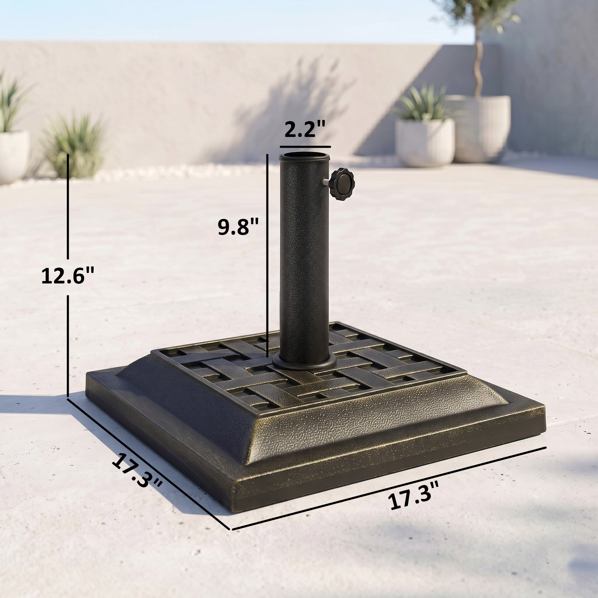 20 lbs Patio Market Umbrella Base Stand Resin Parasol Holder Square with Beautiful Decorative Pattern & Easy Setup, for Φ1.5", Φ1.89" Pole, for Beach, Lawn, Deck, Backyard, Garden, Bronze