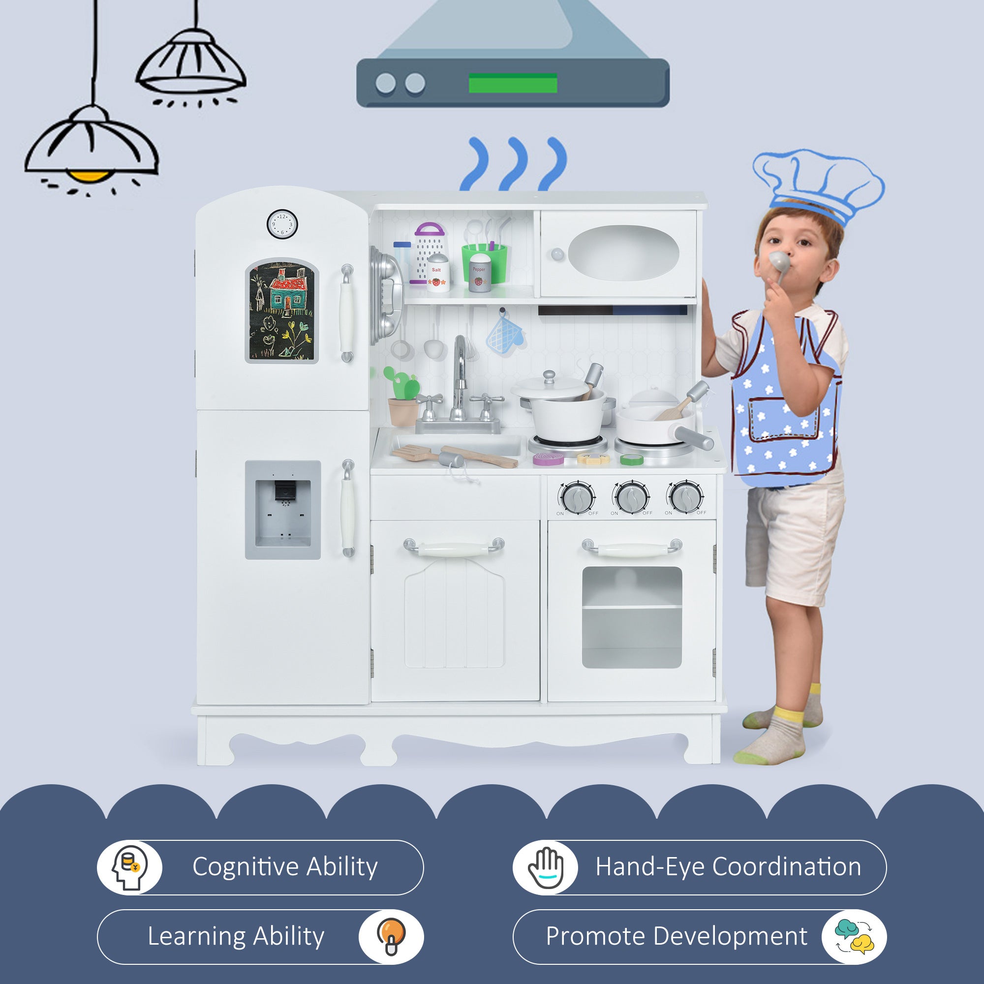 Kids Kitchen Playset with Telephone, Wooden Kitchenette for kids with Cookware, Storage Cabinet, Water Dispenser, Blackboard, Toddler Pretend Play Kitchen with Cooking Accessories for Aged 3+
