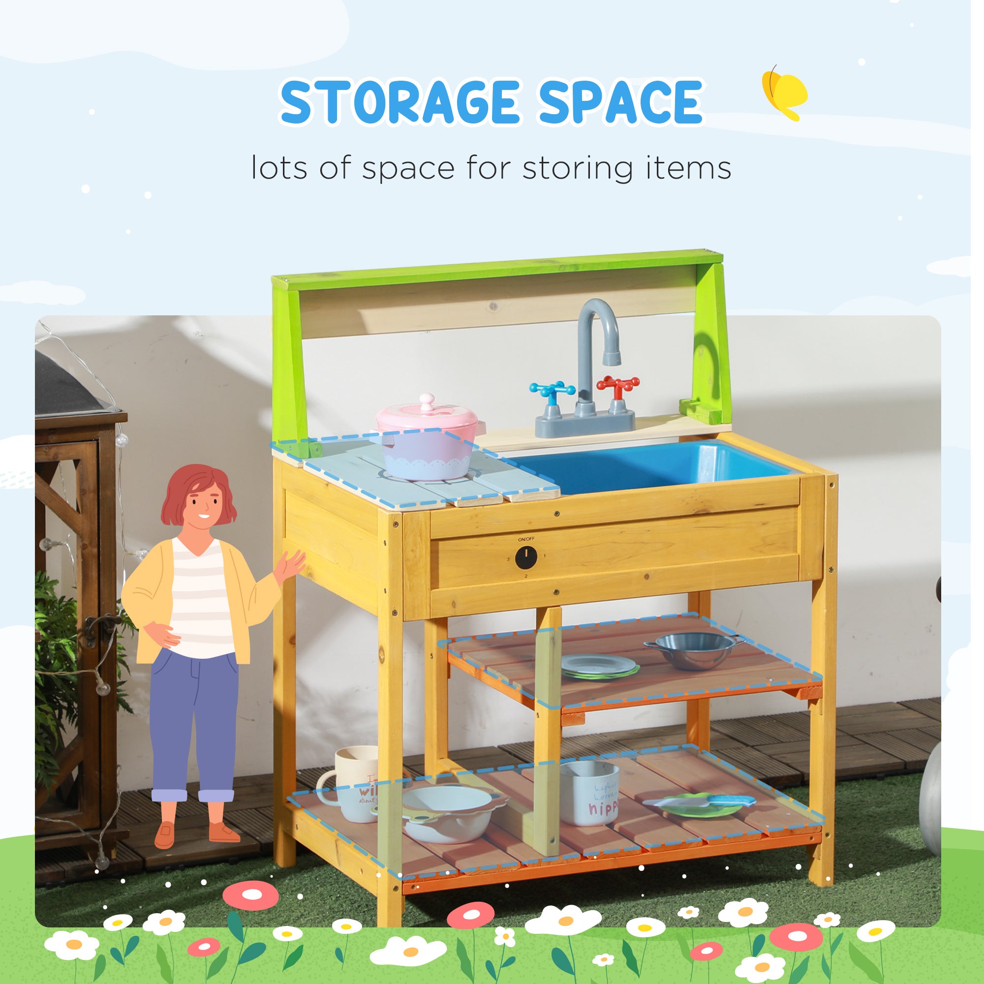 Mud Kitchen for Kids Outdoor Kitchen Playset w/ Realistic Kitchen Toys, Faucet Sink Storage Shelves for Ages 3-8 Years