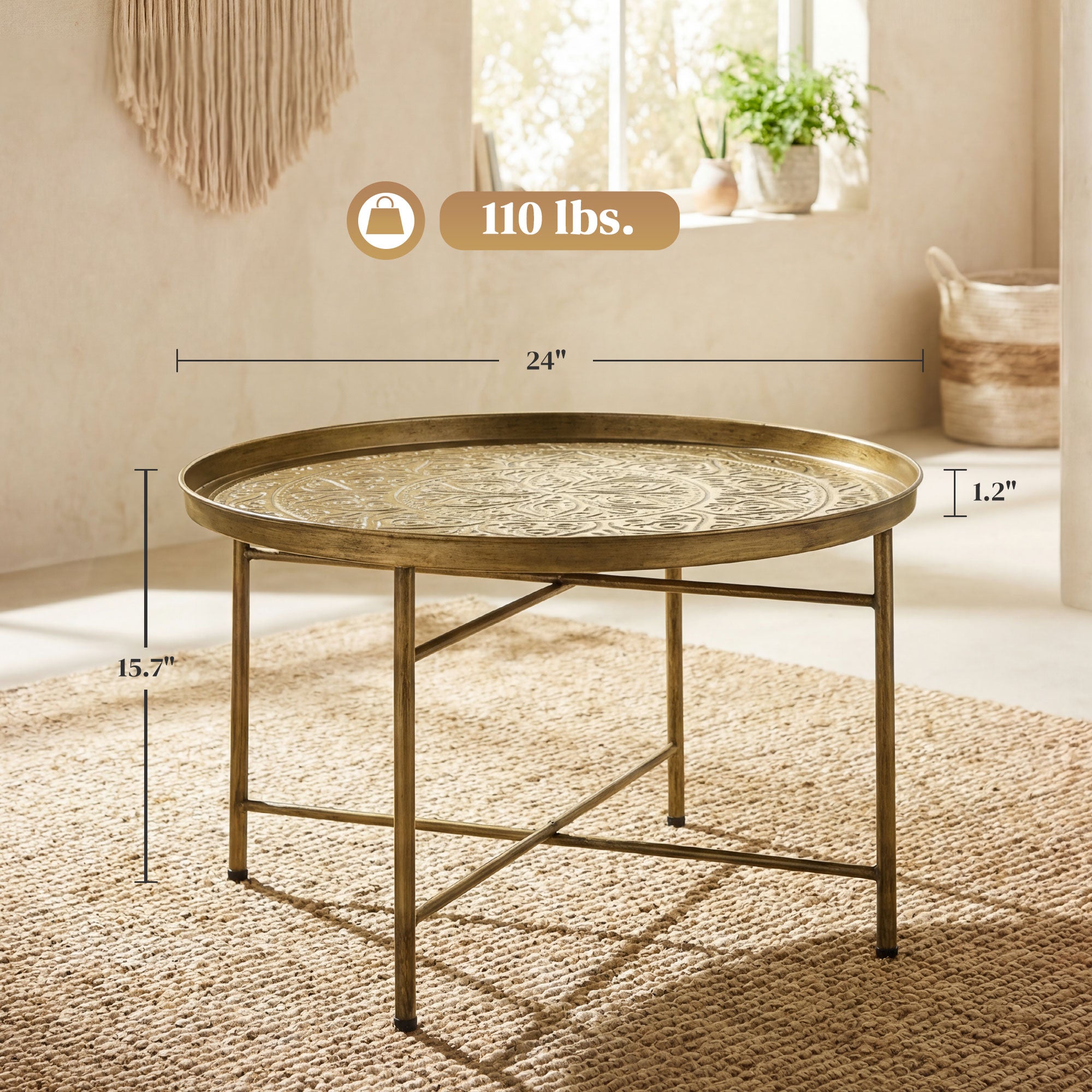 Coffee Table for Living Room, 24" Round Center Table with Hammered Tray Top and Metal Frame for Bedroom, Gold