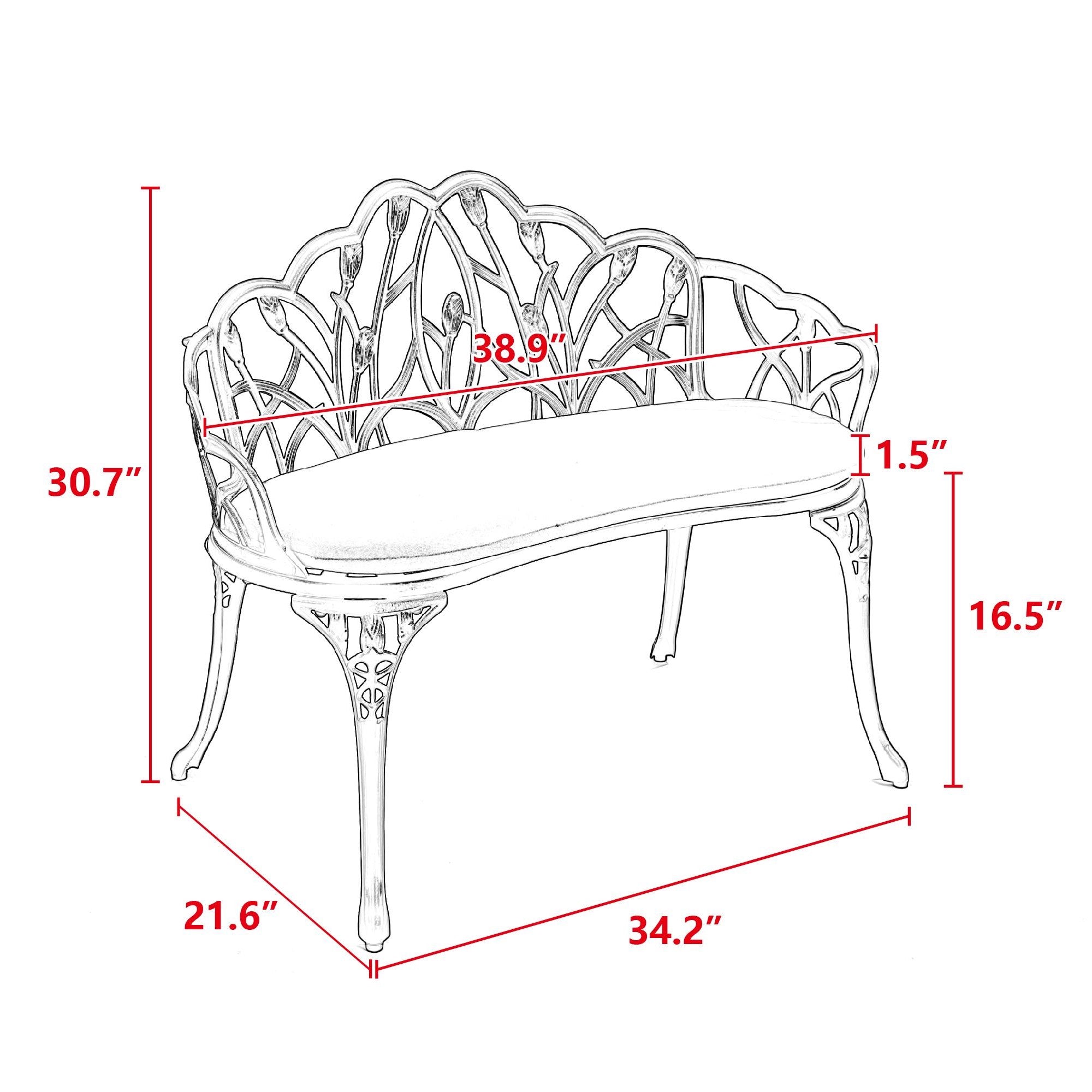 Patio Garden Bench with Floral Tulip Design, Cushion, Ergonomic Outdoor Park Bench with Cast Aluminum Frame, 39" L x 21.5" W x 31" H, White