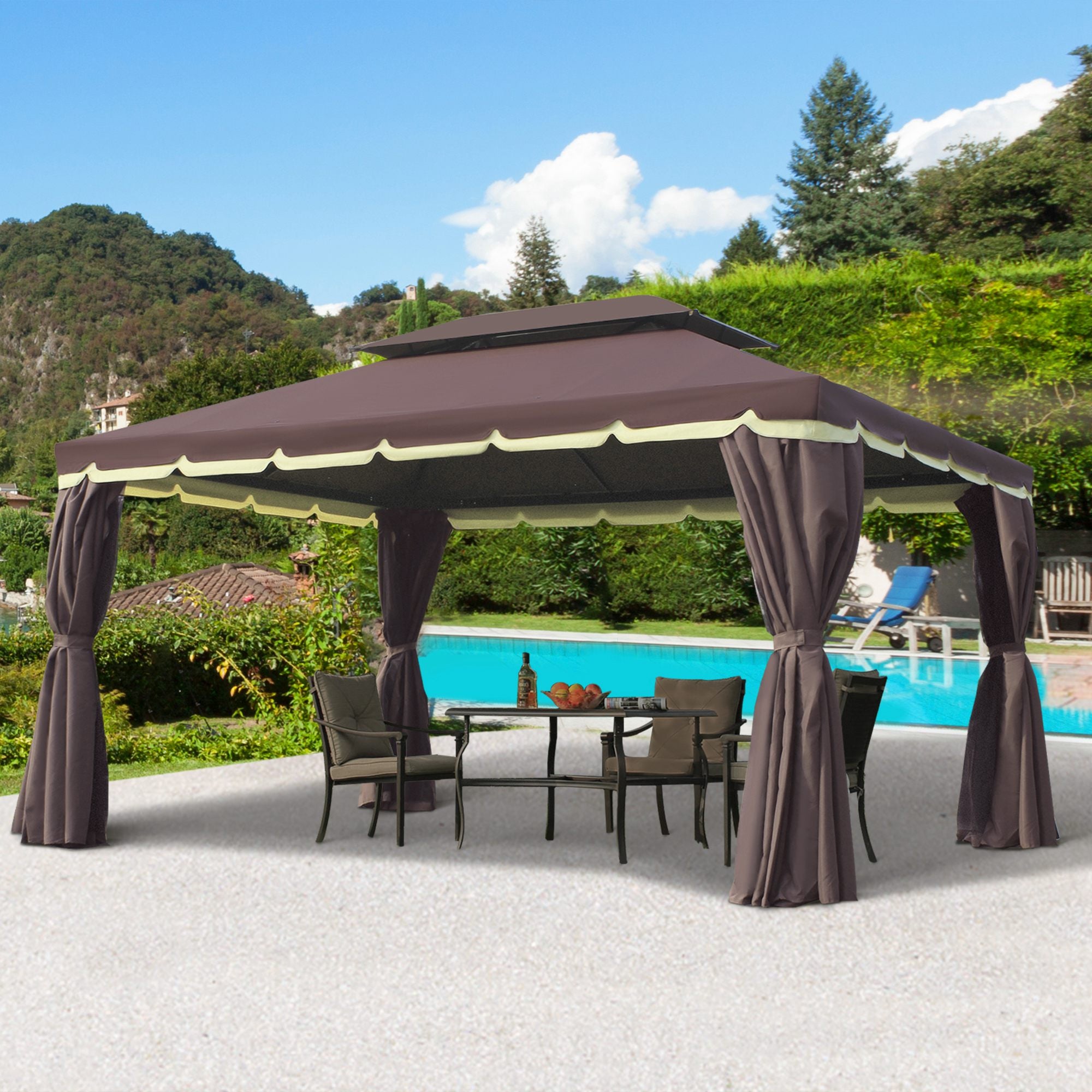 10' x 13' Patio Gazebo, Aluminum Frame Double Roof Outdoor Gazebo Canopy Shelter with Netting & Curtains, Coffee