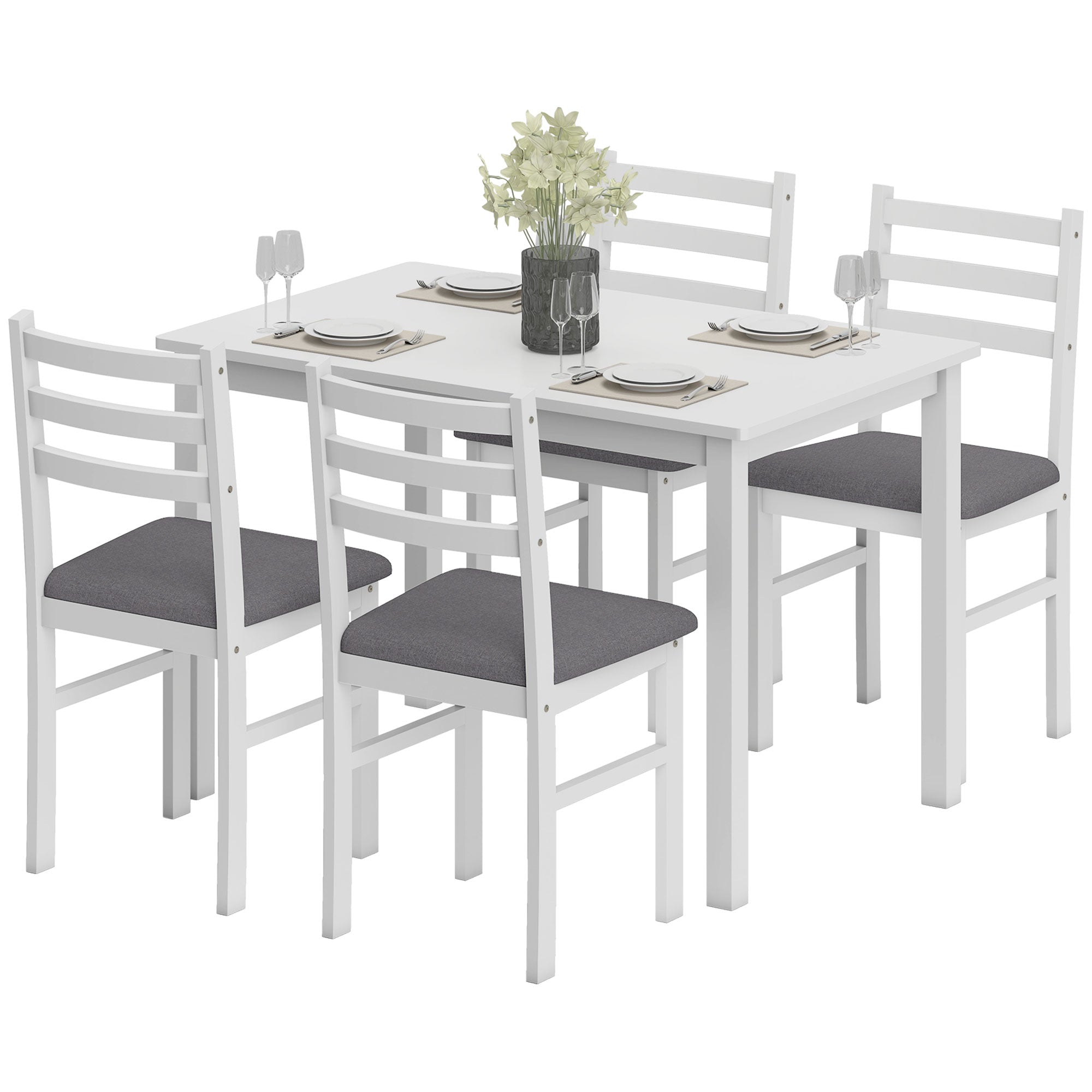 5-Piece Small Kitchen Table Set for 4, Farmhouse Dining Table Set with Upholstered Chairs and Rubber Wood Legs, White
