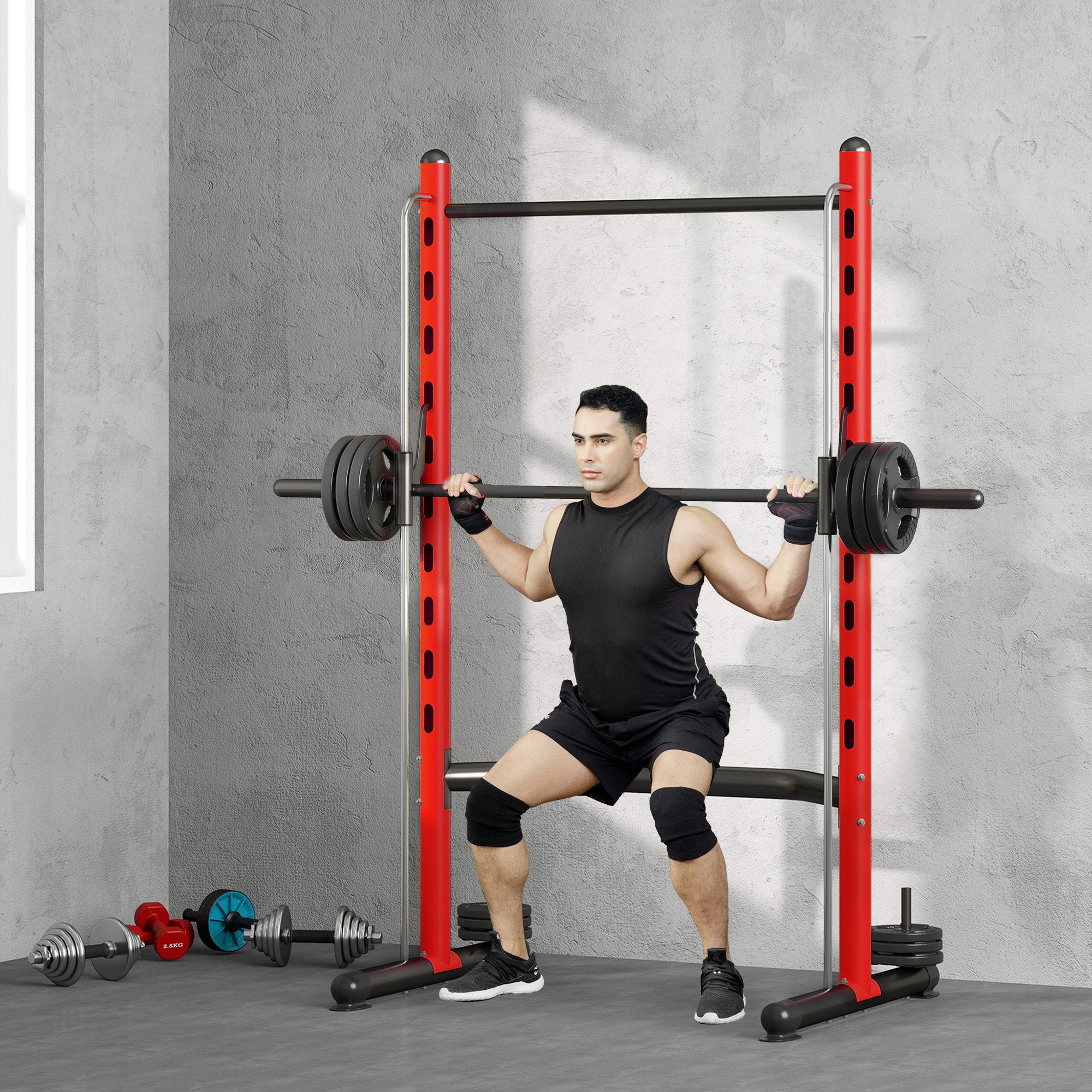 Squat Rack with Pull Up Bar and Barbell Bar Adjustable Bench Press Multi-Function Weight Lifting Half Rack Red
