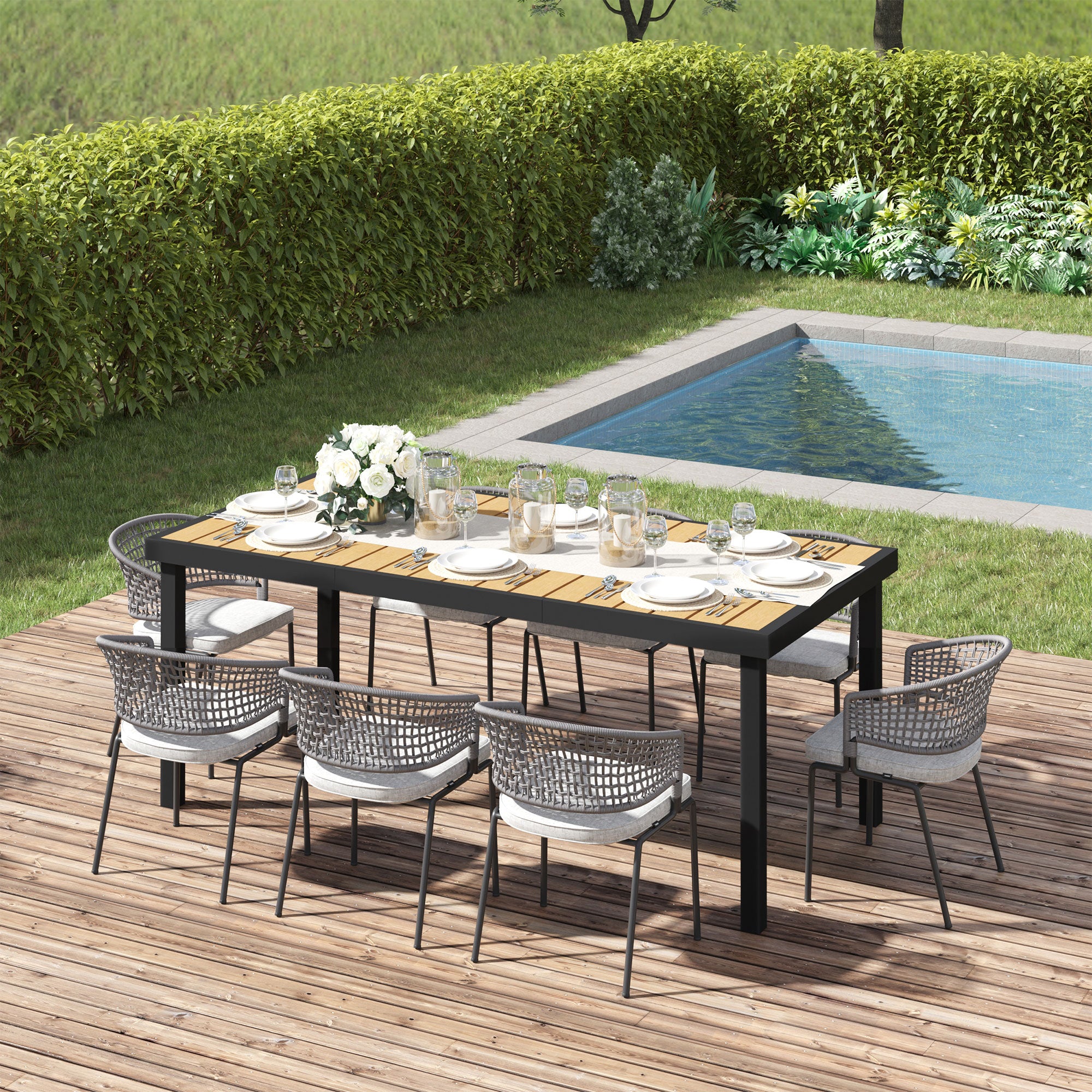75" x 35" Outdoor Dining Table for 8 People, Rectangular Aluminum Frame Garden Table with All-Weather Faux Wood Top for Lawn, Patio, Natural
