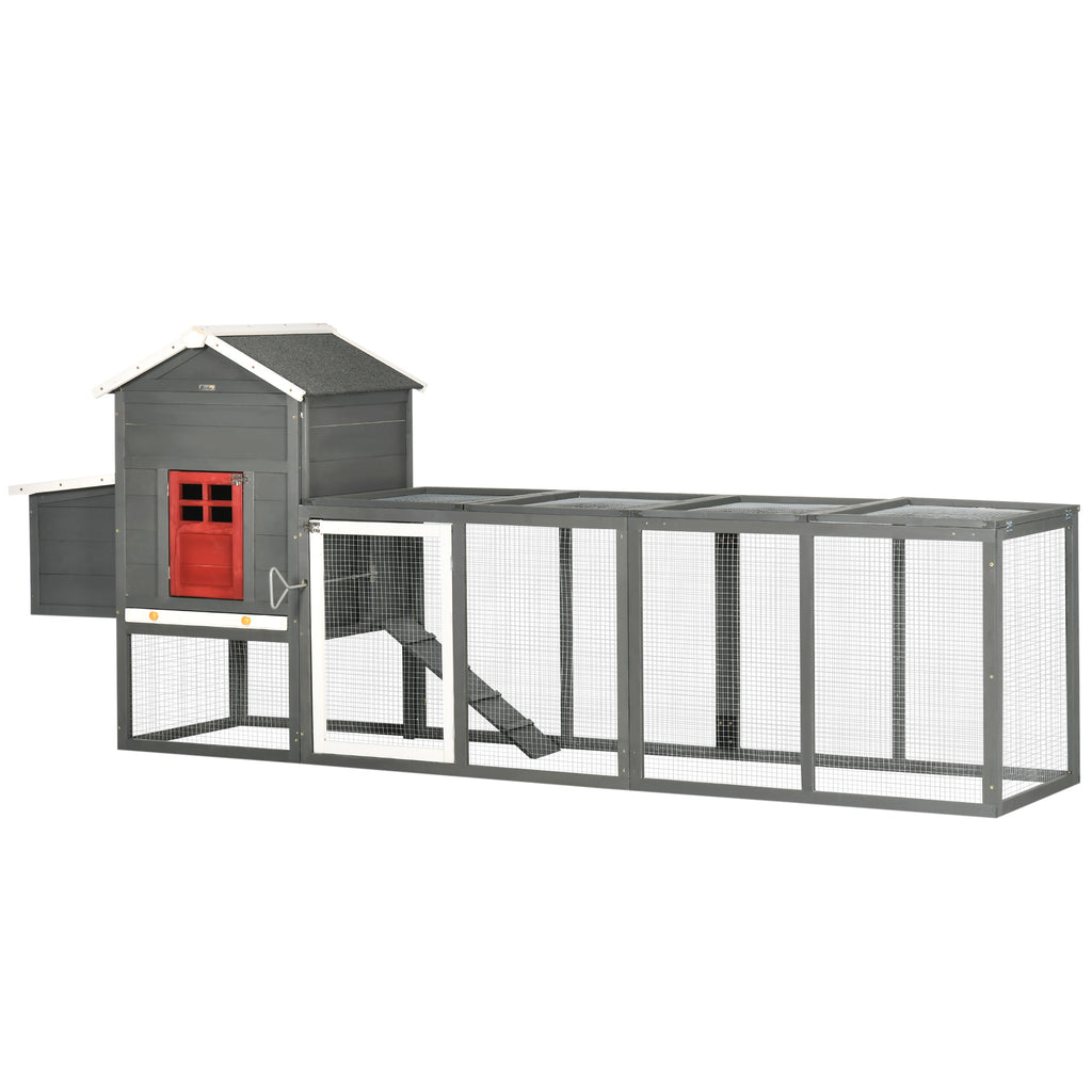 118" Extra Large Chicken Coop with Asphalt Roof, Wooden Hen Run with Slide-Out Tray and Nesting Box, Chicken Hutch for 3-6 Chickens, Gray