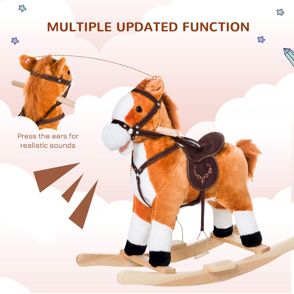 Kids Plush Toy Rocking Horse, Wooden Ride-on Chair, Plush Animal Rocker with Realistic Sounds and Moving Tail for Toddlers, Brown