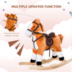Kids Plush Toy Rocking Horse, Wooden Ride-on Chair, Plush Animal Rocker with Realistic Sounds and Moving Tail for Toddlers, Brown