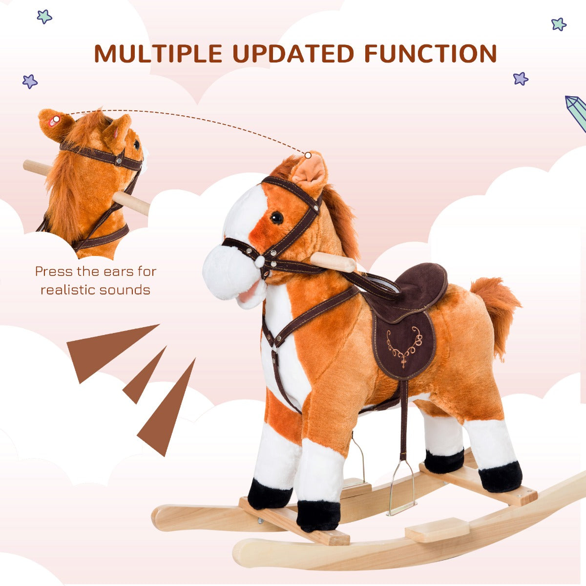 Kids Plush Toy Rocking Horse, Wooden Ride-on Chair, Plush Animal Rocker with Realistic Sounds and Moving Tail for Toddlers, Brown