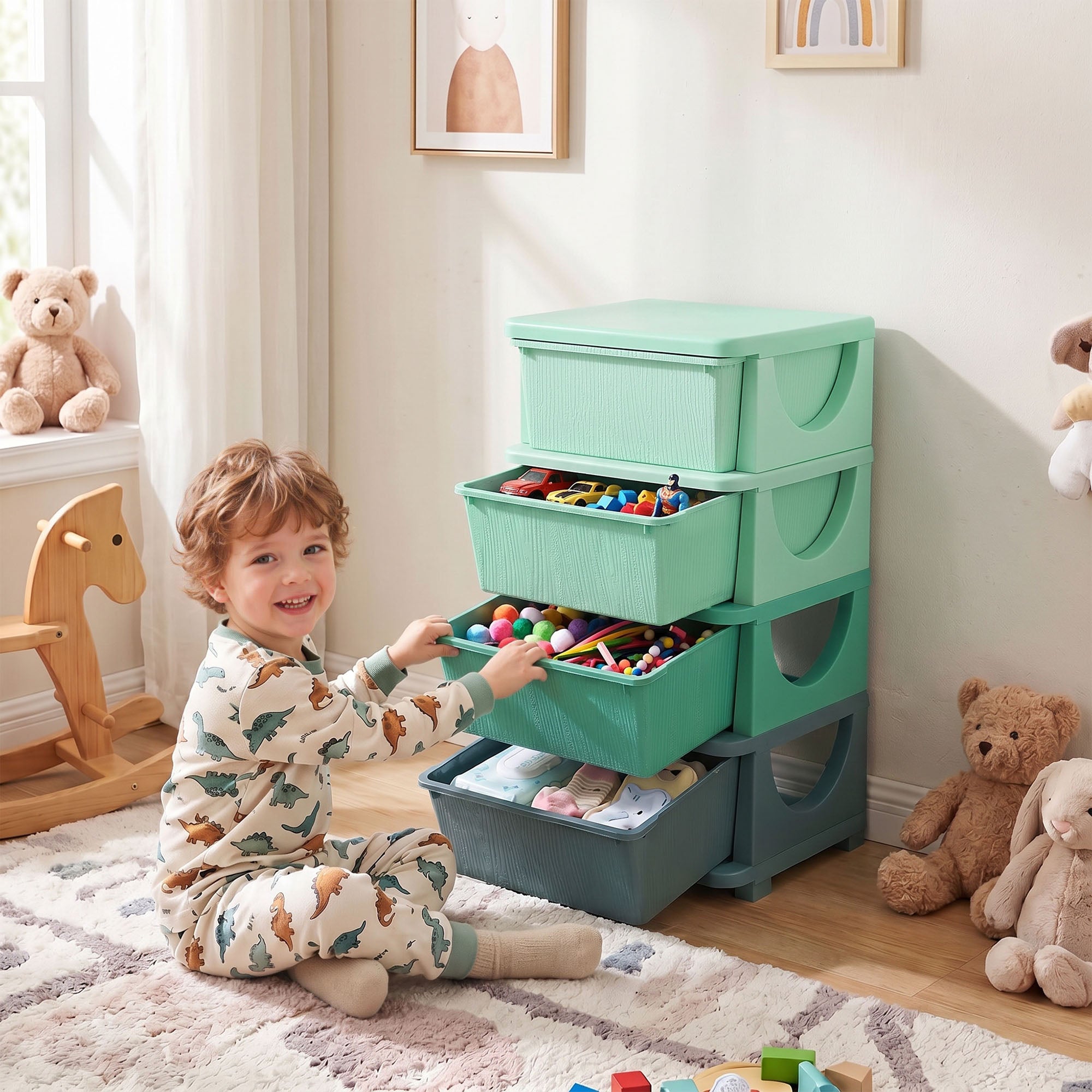 4 Tier Kids Storage Unit, Toy Organizers and Storage with 4 Drawer for Bedroom Nursery Living Room for Boys Girls Green