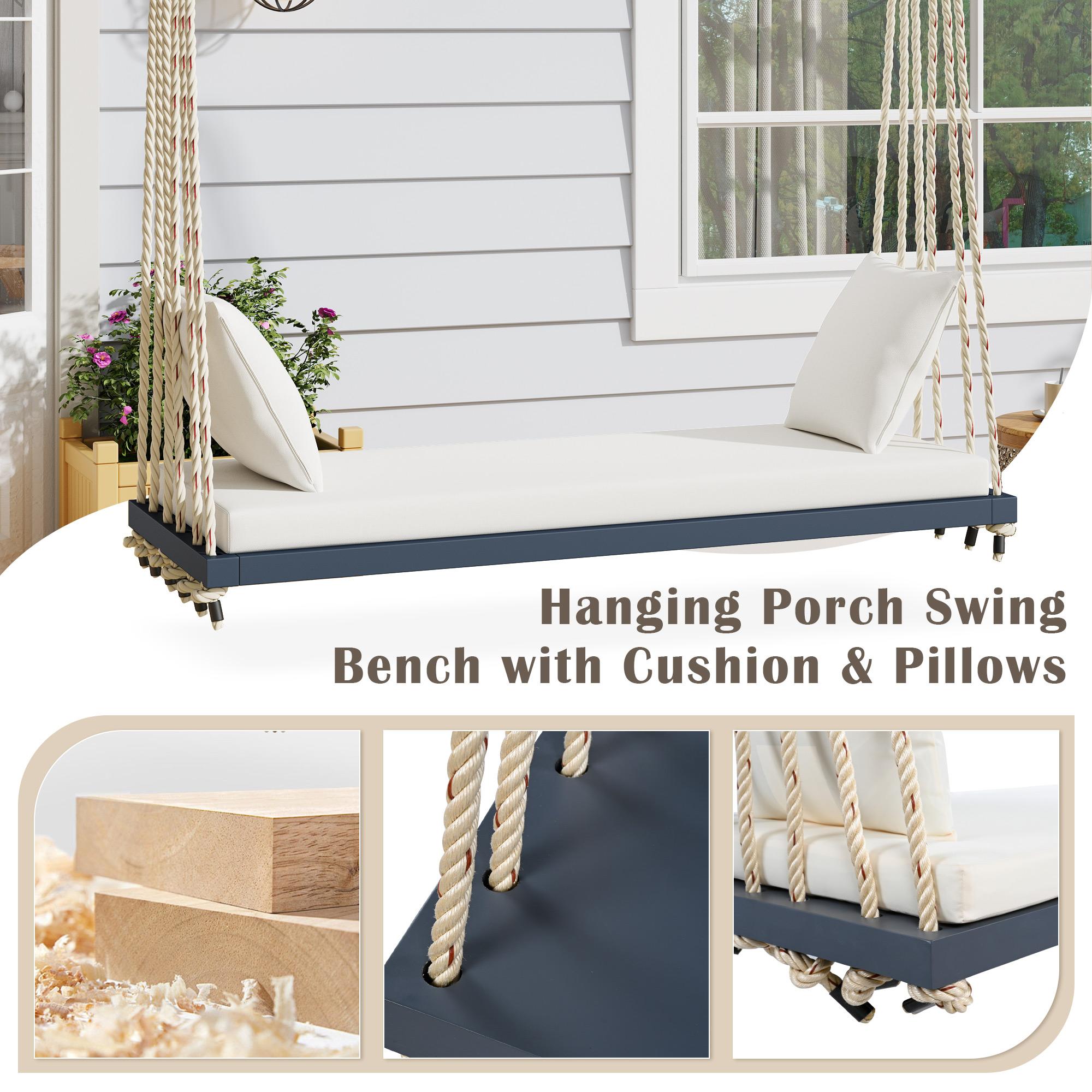 Acacia Wood Porch Swing with Cushion & 2 Pillow for Garden, Hanging Patio Bench with Durable Hemp Rope, 63" L x 23.5" W x 2" H, Gray