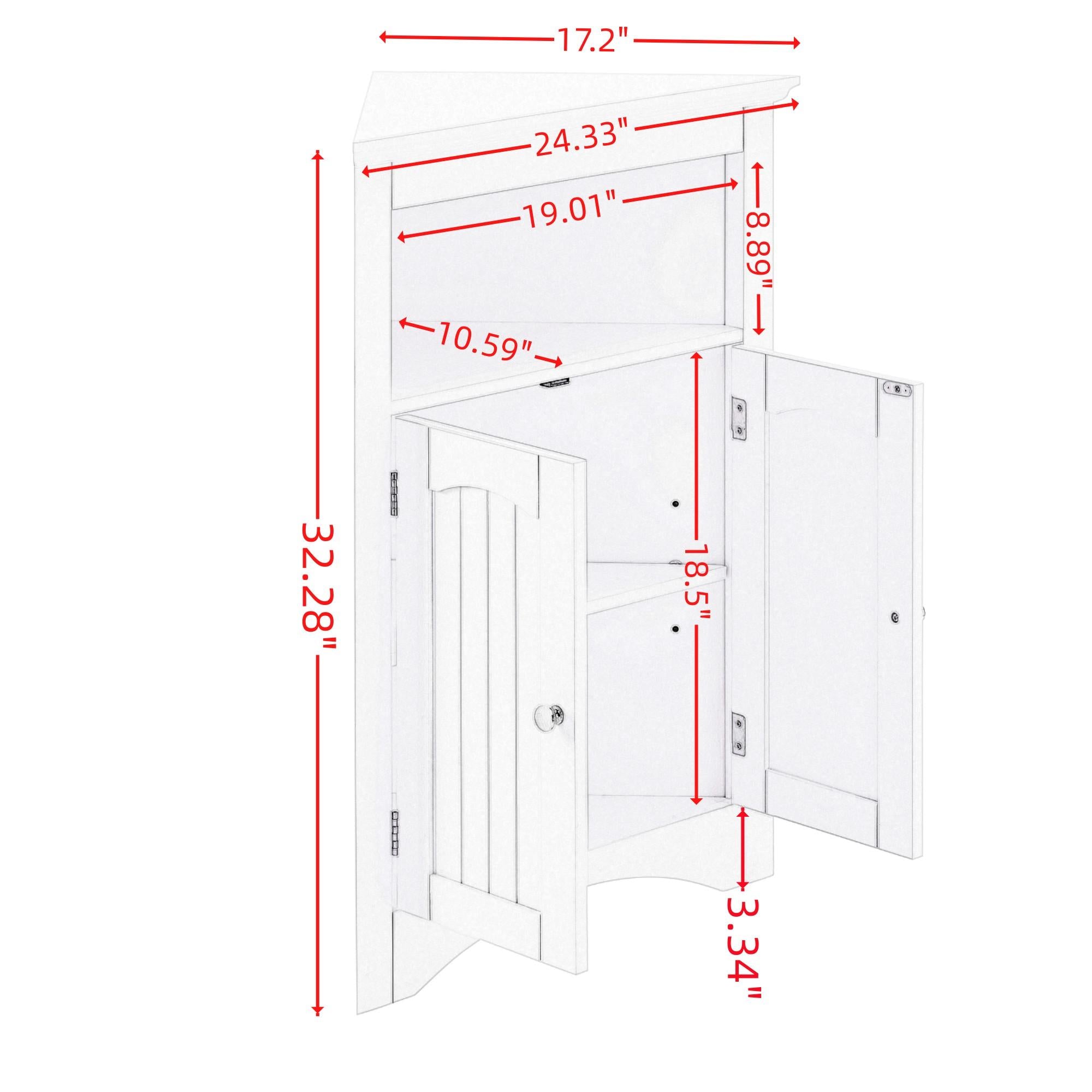 Bathroom Corner Storage Cabinet with Doors and Adjustable Shelves, Free-Standing Sideboard for Compact Room, 24" L x 12" W x 32.5" H, White