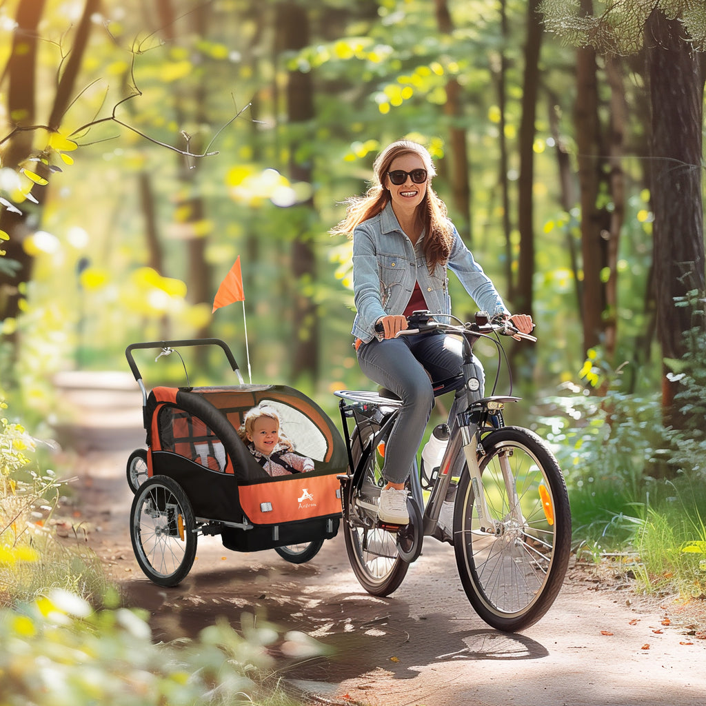 2-Seat Elite 360 Swivel Bike Trailer for Kids Bicycle Cargo Trailer with Water-Resistant Windows, Black and Orange