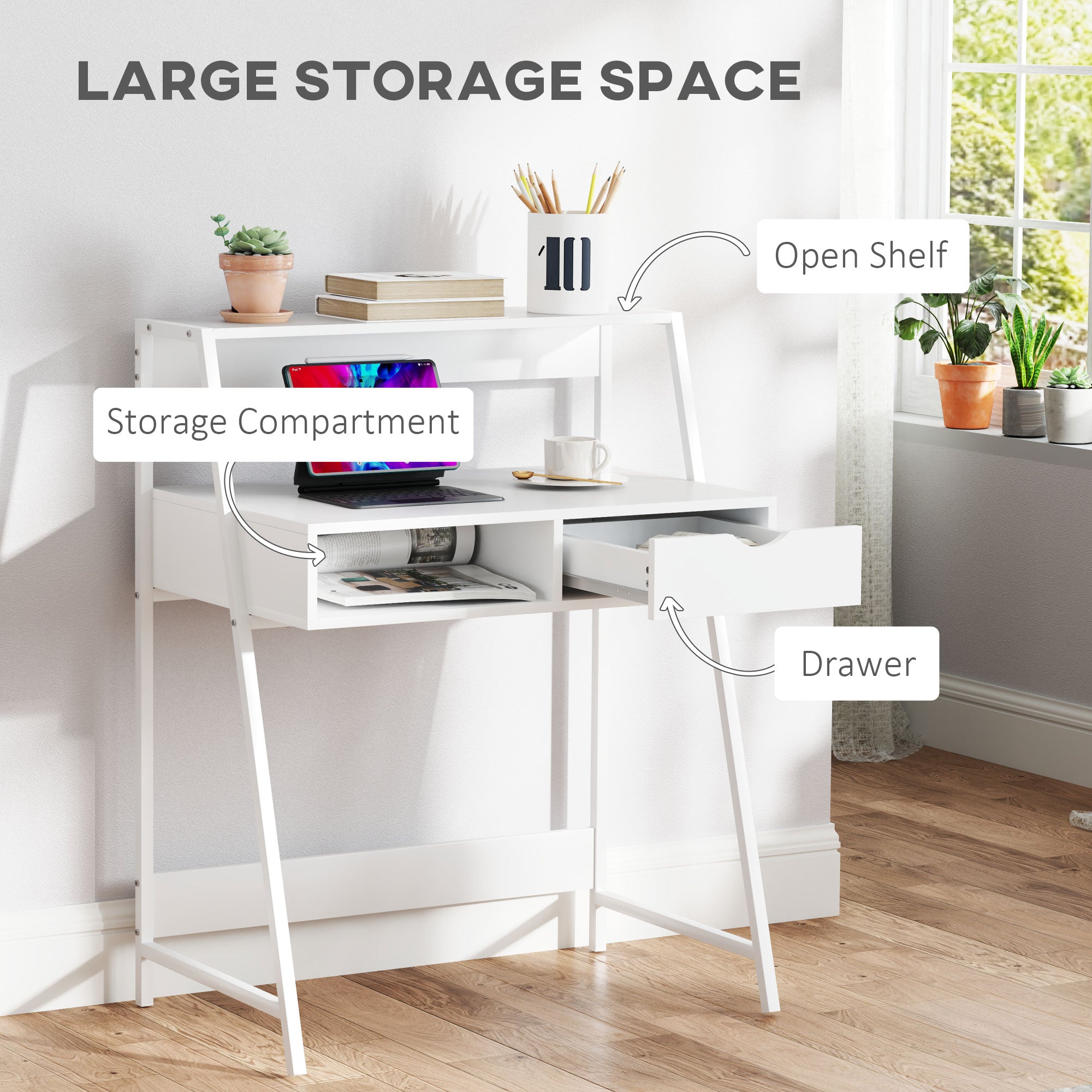 Home Office desk, Computer Desk for Small Spaces, Study Table with Drawer and Storage Shelves, White