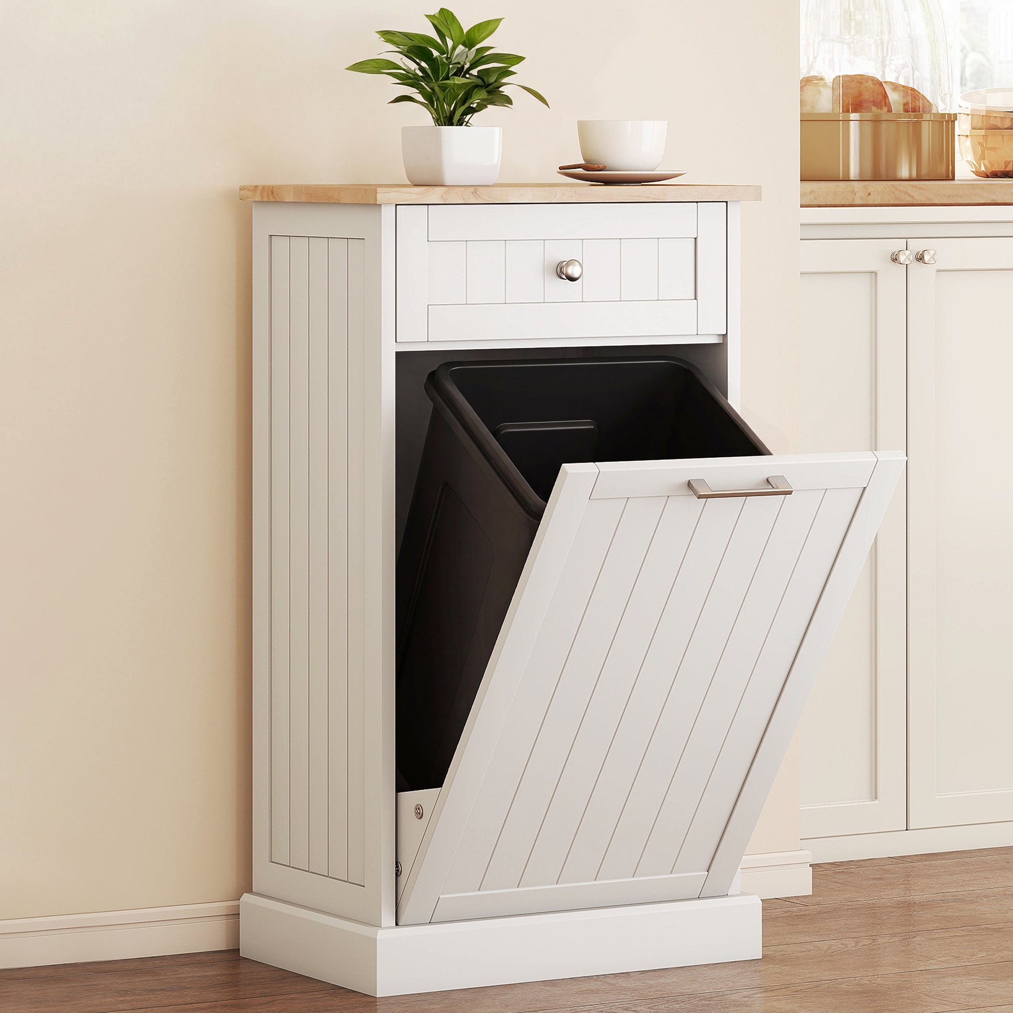 10 Gallon Tilt Out Trash Cabinet, Wooden Hidden Trash Can with Storage Drawer for Kitchen, Laundry Hamper Cabinet for Bathroom, White