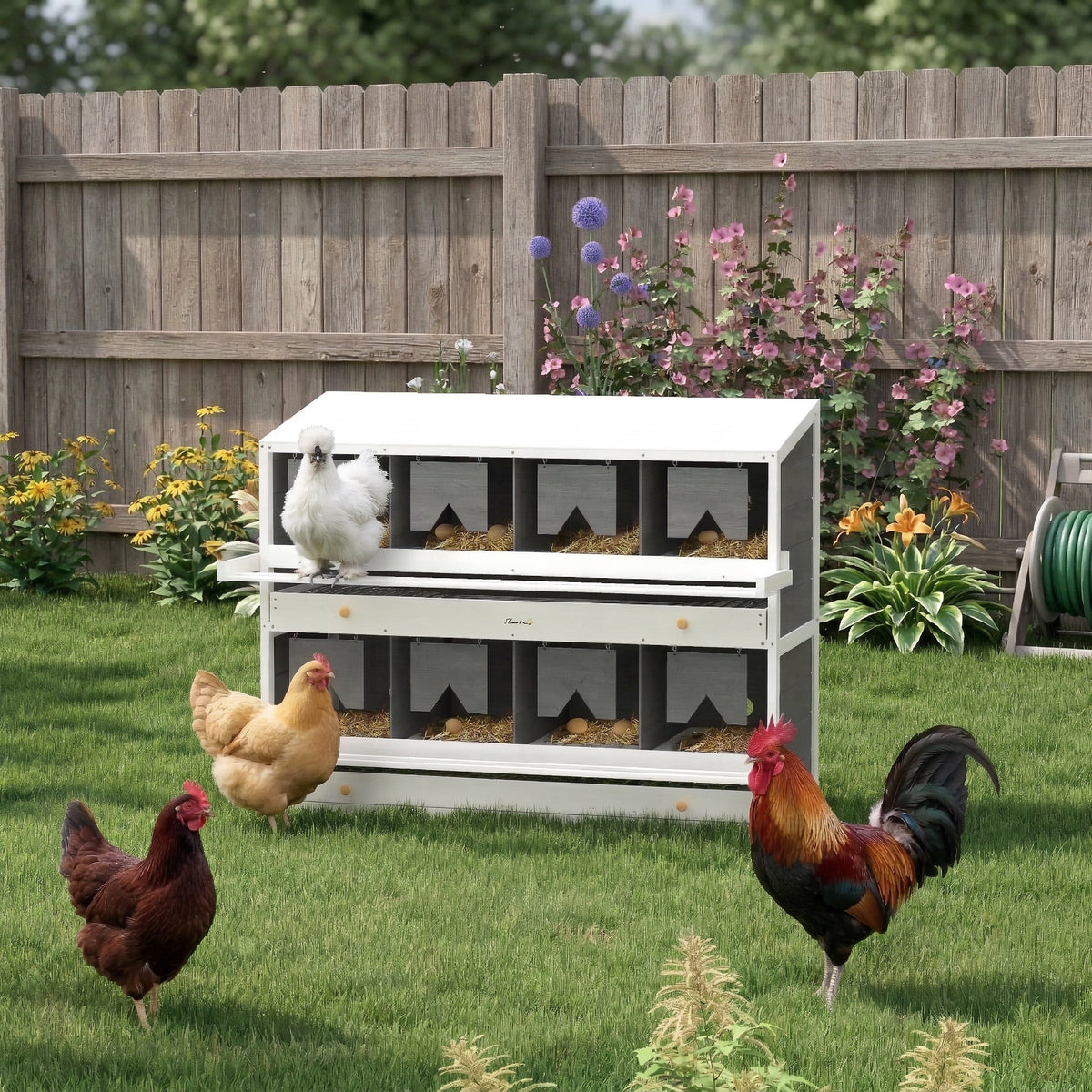 Chicken Nesting Box, 8 Compartment Wood Laying Boxes for Chicken Coop with Egg Collection Trays Perches for 16-32 Hens