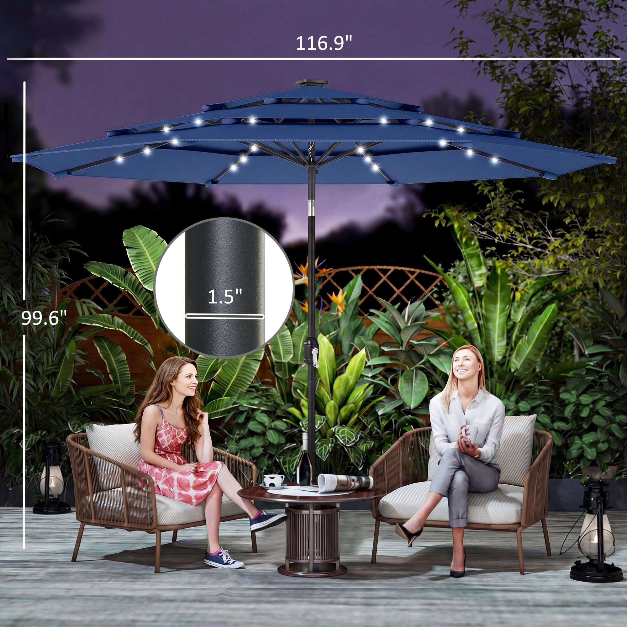 9.7 ft Outdoor Patio Umbrella with Solar LED Lights, 3 Tier Outdoor Table Umbrella with Tilt, Crank, Navy Blue