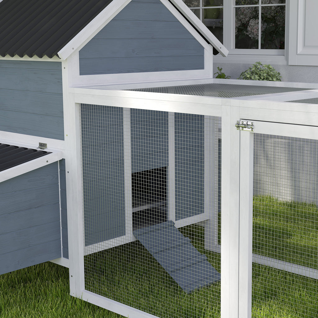 156" Extra Large Wooden Chicken Coop with 2 Nesting Box, Run Cage, Waterproof Wave Roof, for 10-15 Chickens, Light Gray