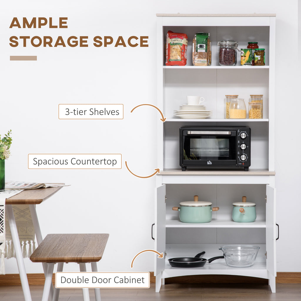 70" Kitchen Hutch, Freestanding Storage Pantry Cabinet with 3-Tier Shelving, Sideboard with Adjustable Shelves and Open Countertop, White