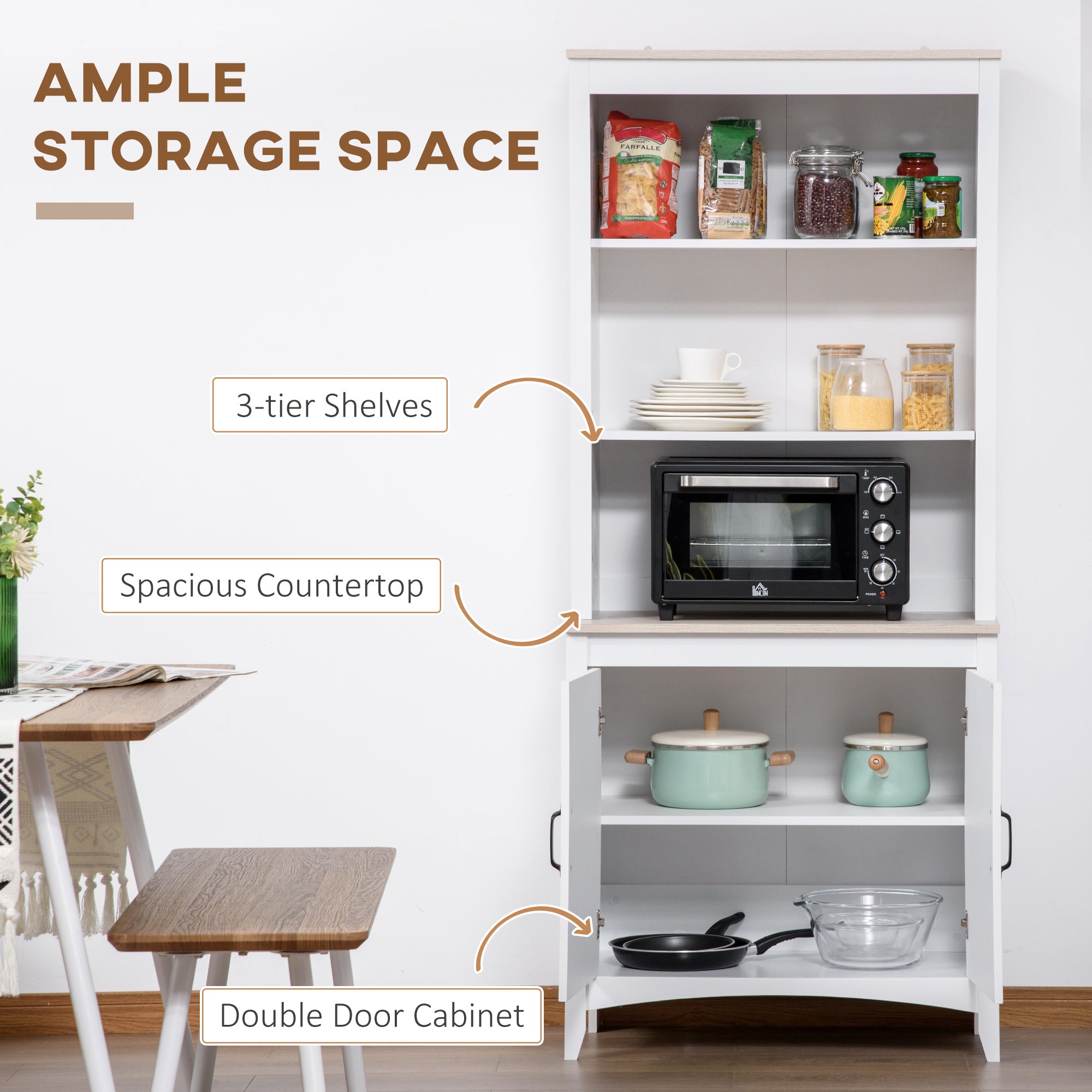 70" Kitchen Hutch, Freestanding Storage Pantry Cabinet with 3-Tier Shelving, Sideboard with Adjustable Shelves and Open Countertop, White