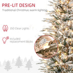 7.5' Pre Lit Artificial Flocked Christmas Trees, with Snow Branches, Warm Yellow Clear Lights, Auto Open, Extra Bulb
