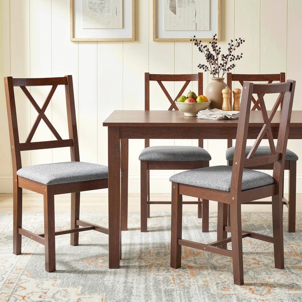 Set of 4 Dining Chairs, Upholstered X-Back Dining Room Chairs with Rubberwood Legs and Padded Seat for Kitchen, Walnut