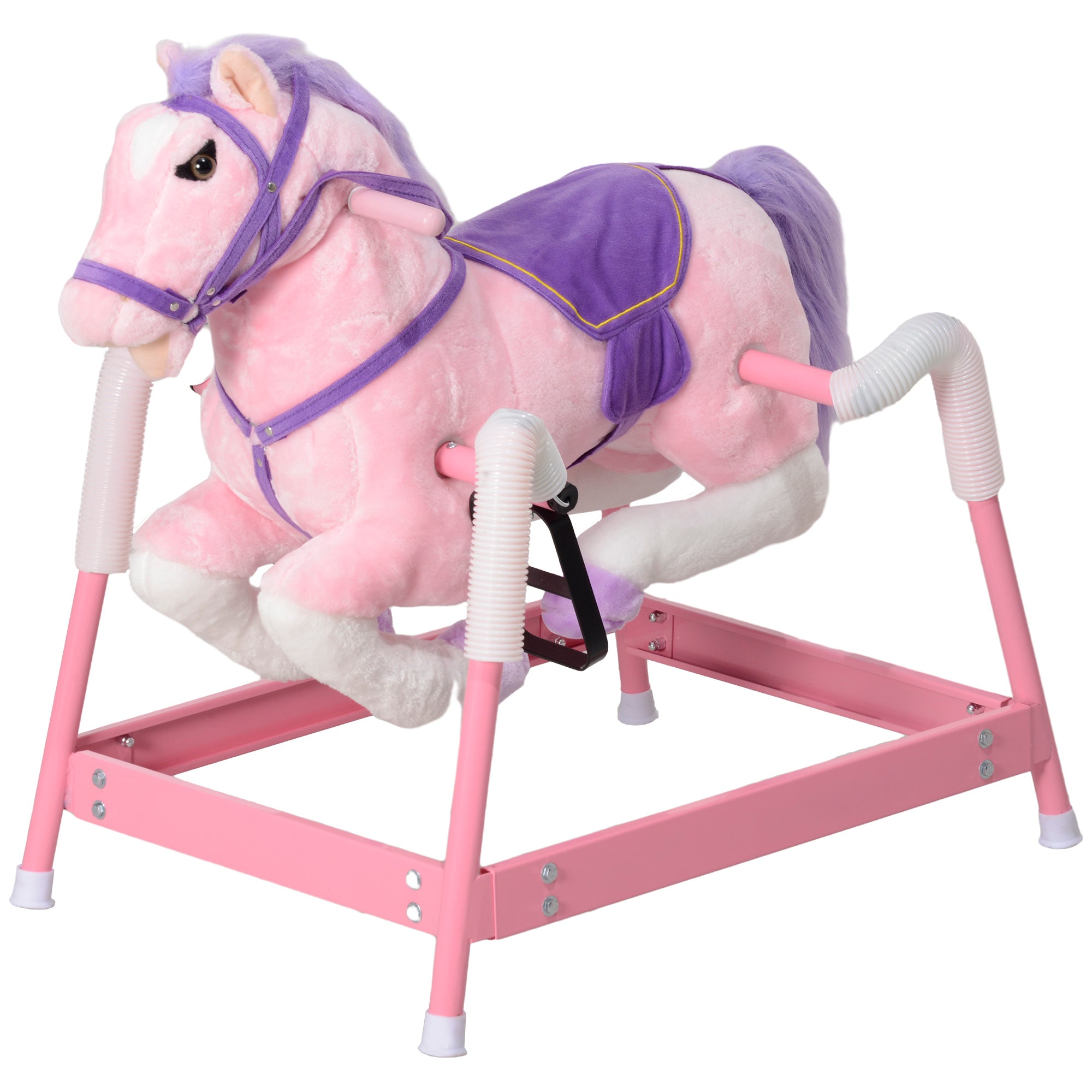 Spring Rocking Horse, Kids Ride on Horse, Plush Horse Ride-on w/ Sounds & Foot Stirrups for Kids 3-8 Years, Pink