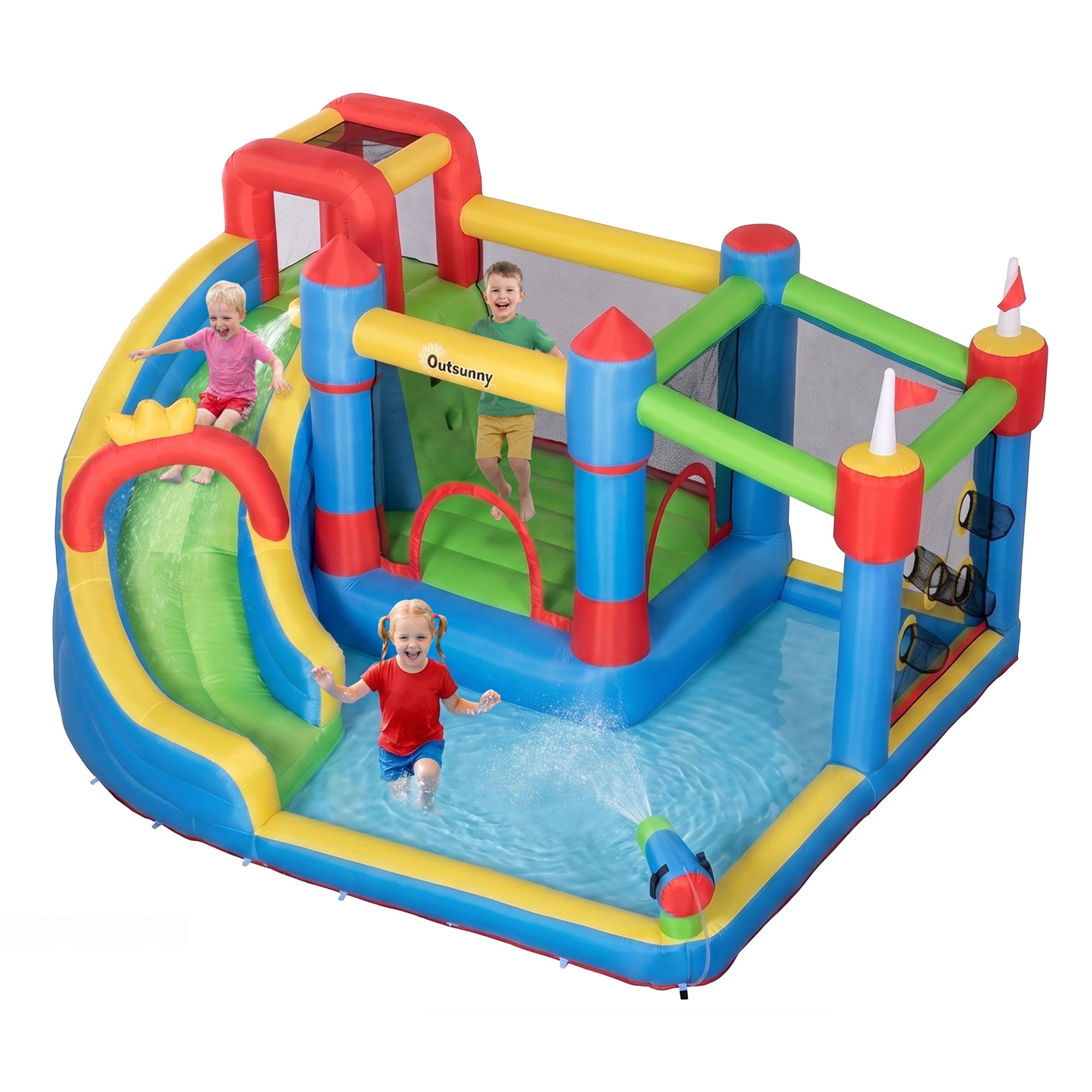 6-in-1 Inflatable Water Slide with Splash Pool, Slide, Climbing Wall, Water Cannon, Inflatable Bounce House for Kids with 2 Min. Inflation