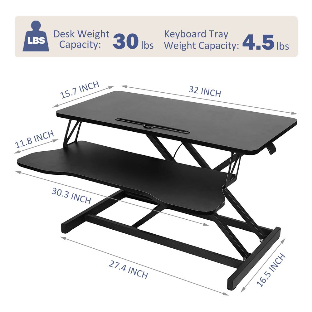 32" Desk Converter with Wide Keyboard Tray, Laptop Workstation, Height Adjustable Sit to Stand Riser, 32" L x 16.5" W x 4.5" H, Black