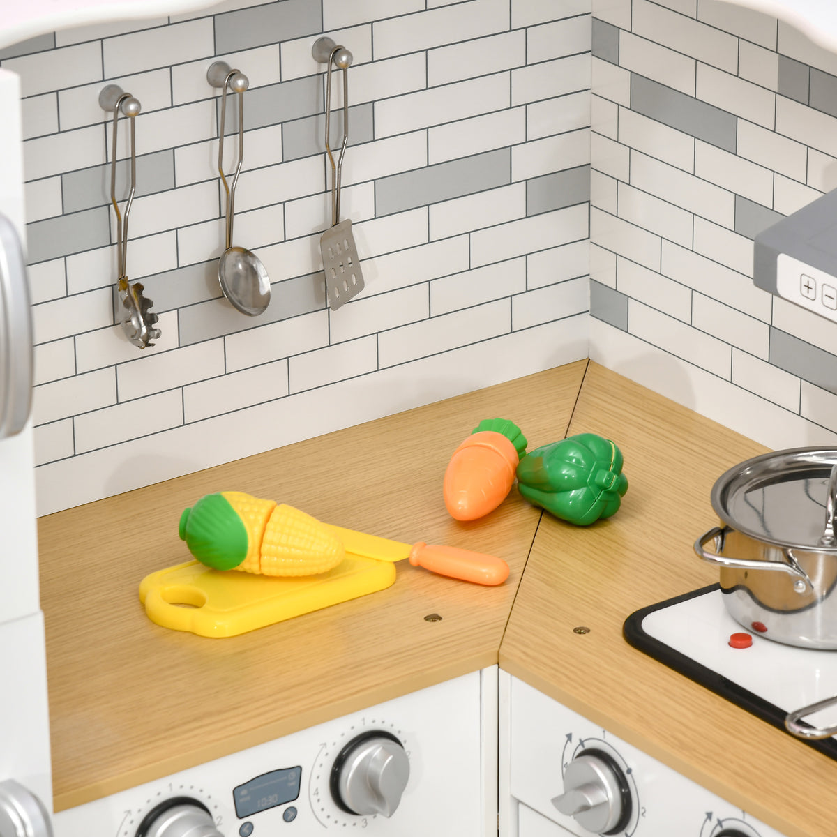 Corner Play Kitchen Set with Sound Effects and Tons of Countertop Space, Large Wooden Kitchen with Washing Machine, Food Toys, Ice Maker, Kids Kitchen, Ages 3-6, White