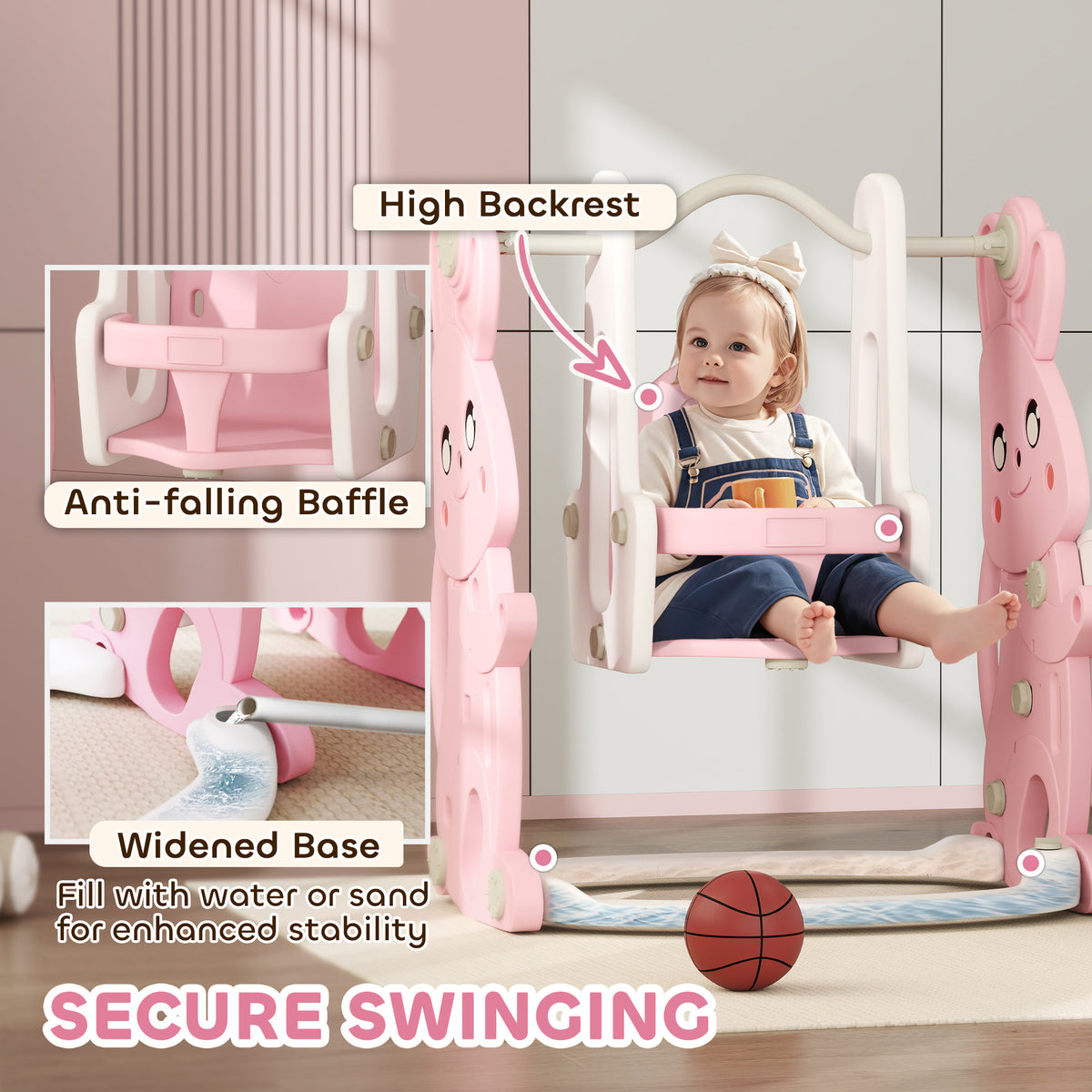 4 in 1 Toddler Slide and Swing Set with Climber, Basketball Hoop, Rabbit Themed Kids Playset for Ages 1.5-4, Pink