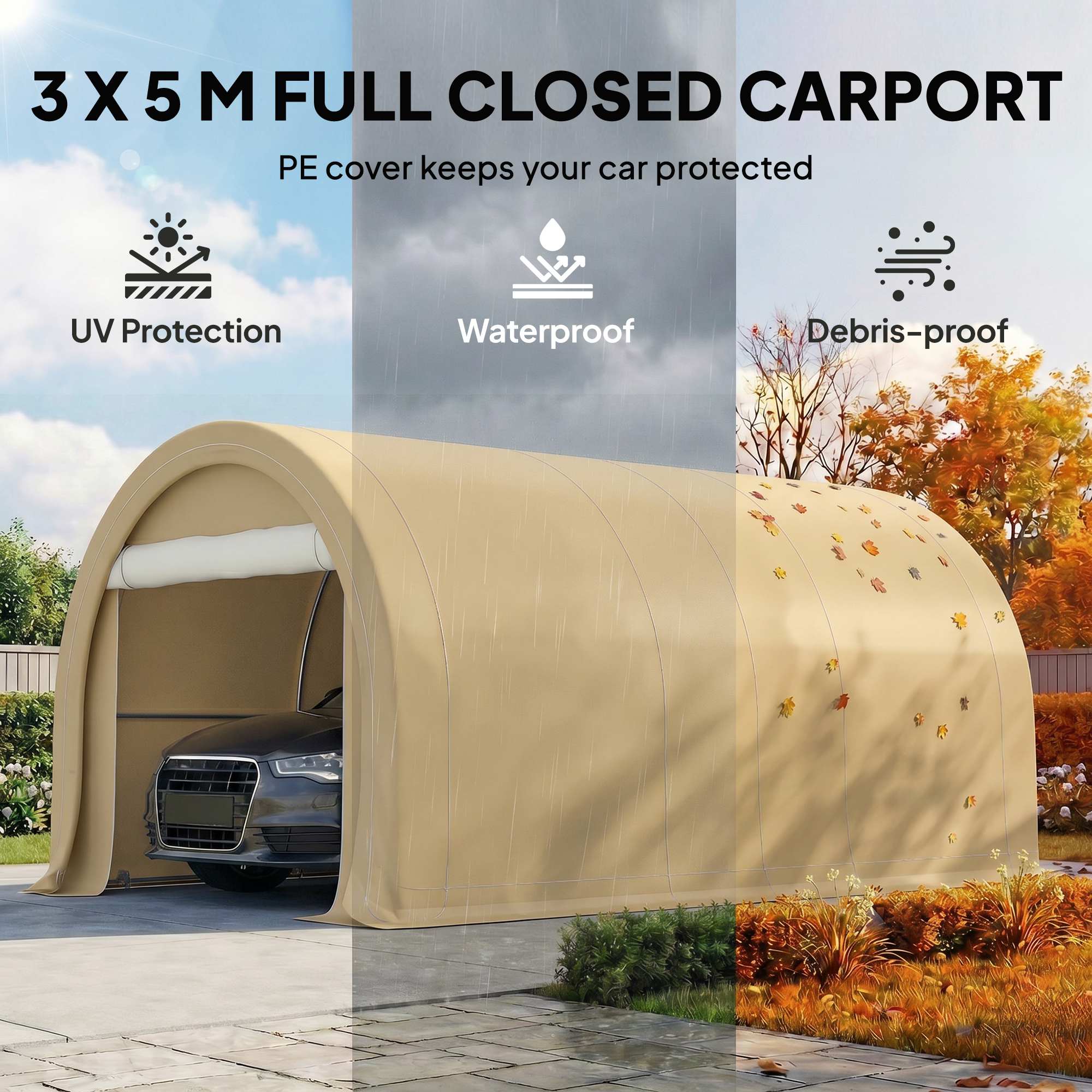10' x 16' Carport, Heavy Duty Portable Garage Storage Tent with Large Zippered Door, Anti-UV PE Canopy Cover for Car, Truck, Boat, Motorcycle, Bike, Garden Tools, Outdoor Work, Beige